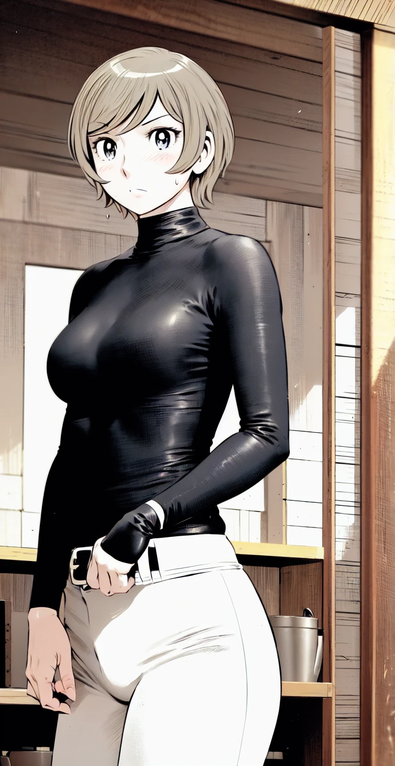 (野球uniform:1.2),
Blonde Hair, (short hair:1.2),Long sleeve, Black Shirt, turtleneck,White trousers、uniform、Black belt、((Illustration of people))、Big 、
View Audience,, (Highest quality:1.3),One Girl, White pants、uniform、indoor、baseball 、White wall、blue eyes、Tight black shirt、(masterpiece、Highest quality)、Highest quality, Ultra-high resolution, (((masterpiece))), alone, Sweat、Big eyes、Big Breasts、One Girl, Front view、Embarrassed face、Bronze colored hair、((short hair))、Stand up straight、Cowboy Shot