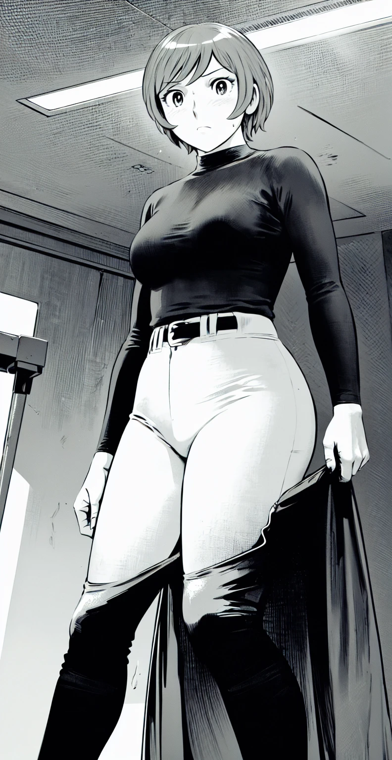 (野球uniform:1.2),
Blonde Hair, (short hair:1.2),Long sleeve, Black Shirt, turtleneck,White trousers、uniform、Black belt、((Illustration of people))、Big 、
View Audience,, (Highest quality:1.3),One Girl, White pants、uniform、indoor、baseball 、White wall、blue eyes、Tight black shirt、(masterpiece、Highest quality)、Highest quality, Ultra-high resolution, (((masterpiece))), alone, Sweat、Big eyes、Big Breasts、One Girl, Front view、Embarrassed face、Bronze colored hair、((short hair))、Stand up straight、Cowboy Shot