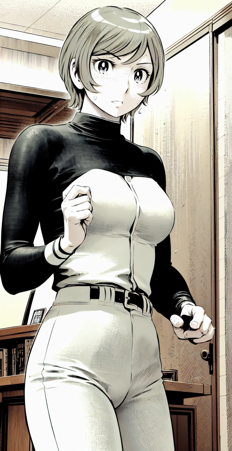 (野球uniform:1.2),
Blonde Hair, (short hair:1.2),Long sleeve, Black Shirt, turtleneck,White trousers、uniform、Black belt、((Illustration of people))、Big 、
View Audience,, (Highest quality:1.3),One Girl, White pants、uniform、indoor、baseball 、White wall、blue eyes、Tight black shirt、(masterpiece、Highest quality)、Highest quality, Ultra-high resolution, (((masterpiece))), alone, Sweat、Big eyes、Big Breasts、One Girl, Front view、Embarrassed face、Bronze colored hair、((short hair))、Stand up straight、Cowboy Shot