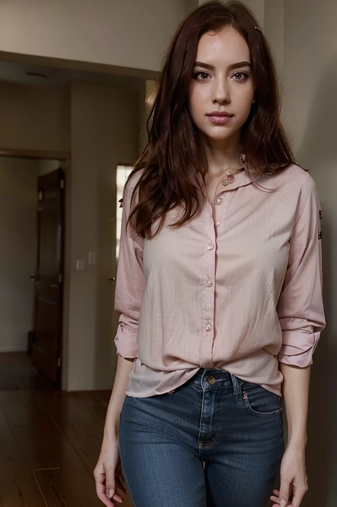 (hyperrealistic image), (good lighting), (instagram style), 30-year-old woman, pale light skin, natural red hair, black eyes, excited facial expression, blushing, blushing, disheveled, slim build, dressed in a pink blouse, pants blue jeans, in the hallway of a house