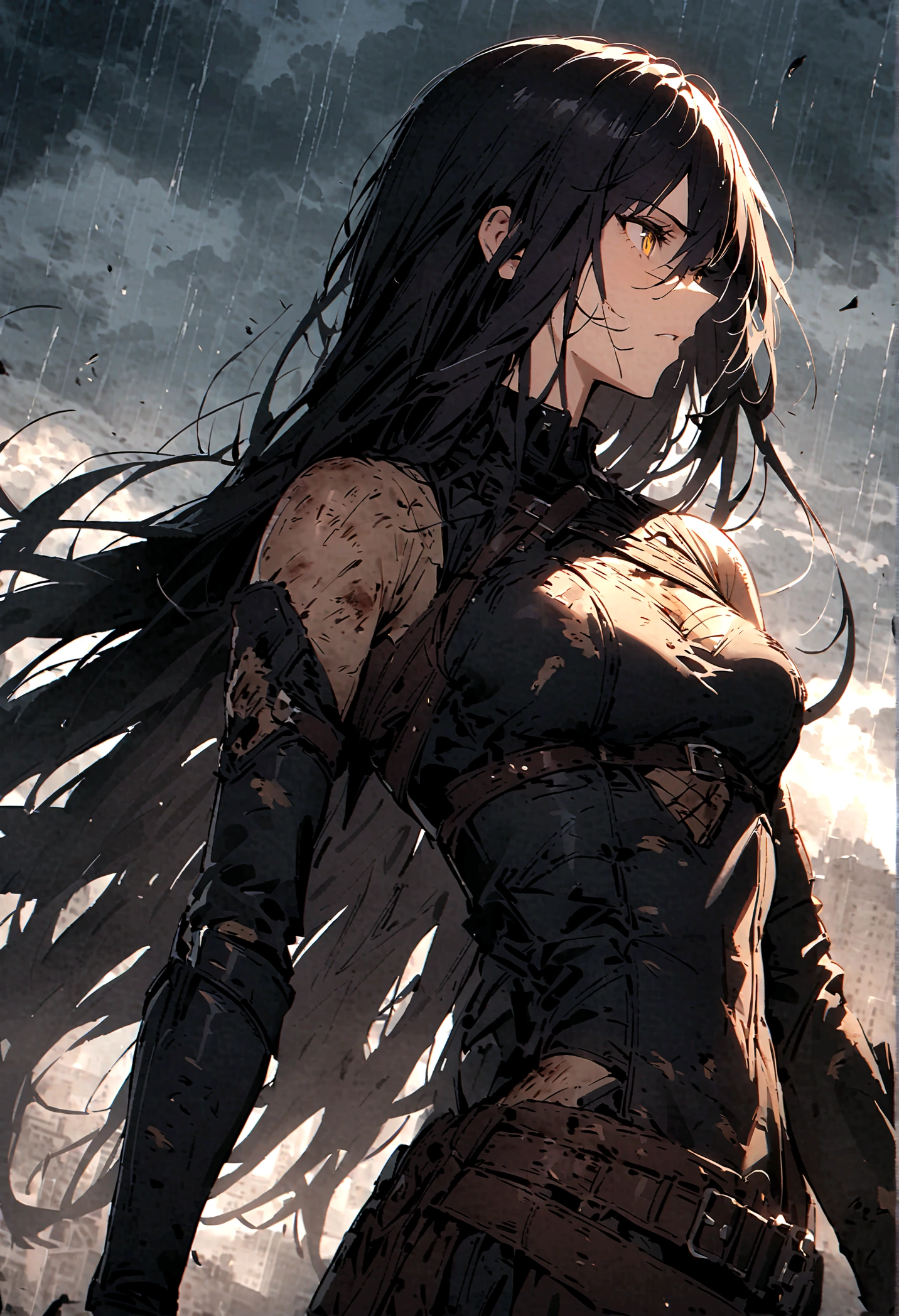 （only one person），dark sky，heavy rain，lightning，Dark clouds，(Battle damage，Battle damage), guy, king, white clothes with yellow details, butter color messy hair, yellow eyes, badass, wind