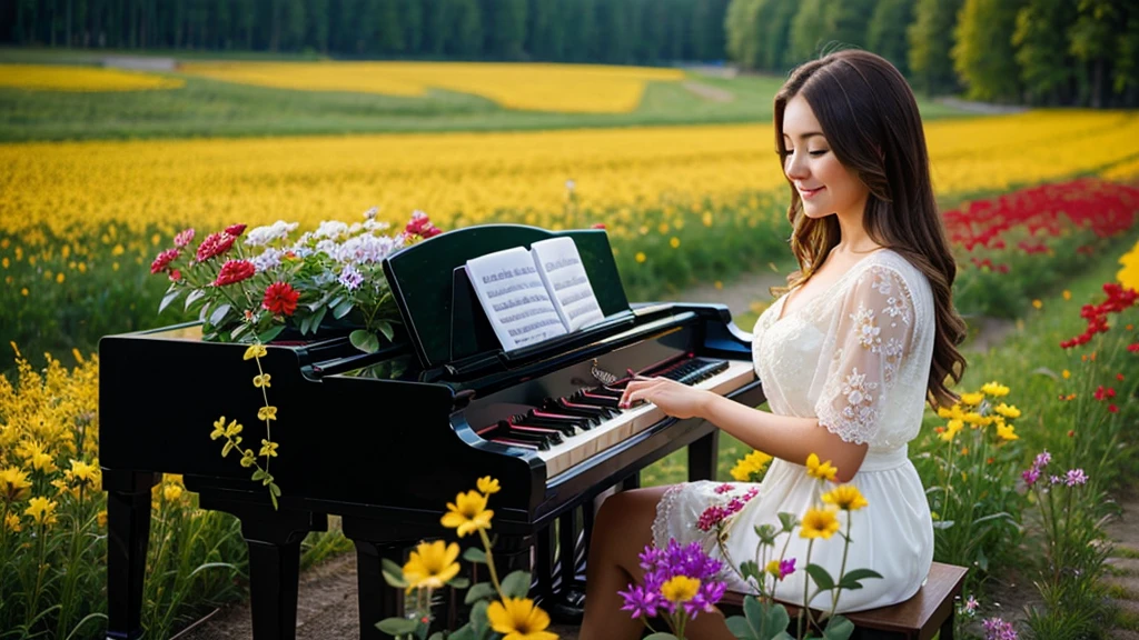 A beautiful Canadian woman playing the piano、Perfect Face、The background is a colorful flower field