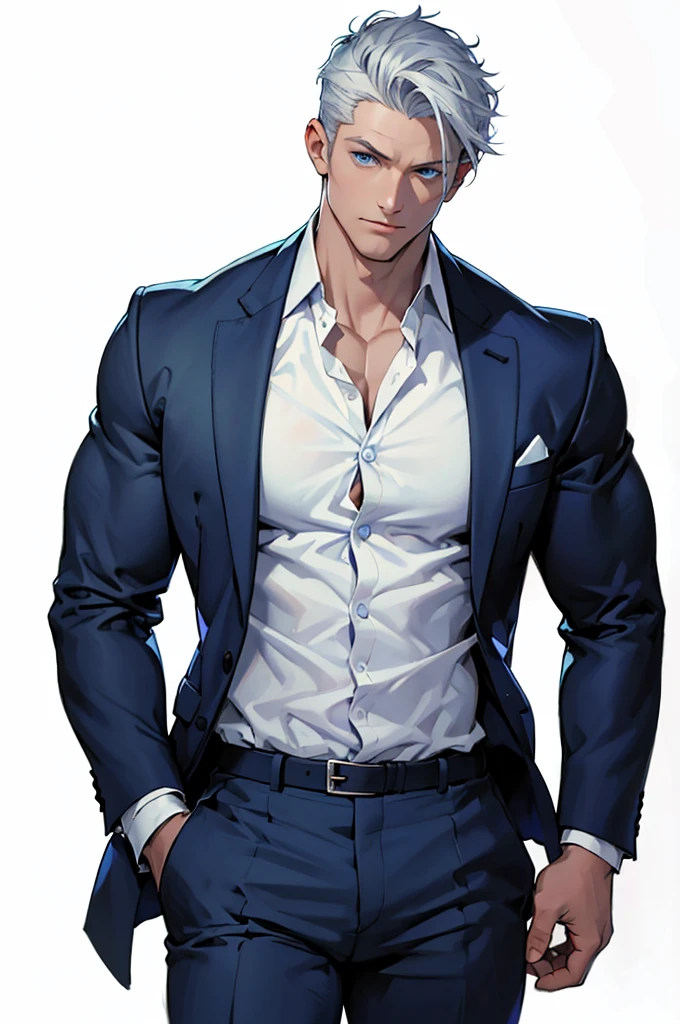 Drawing of a young Chad, Dark blue suit,tie， White shirt，Pants， Looking at the camera, male，Silver short hair，（Blue Eyes：1.2），muscle，bodyguard,Solid color background，（Pale skin：1.5）