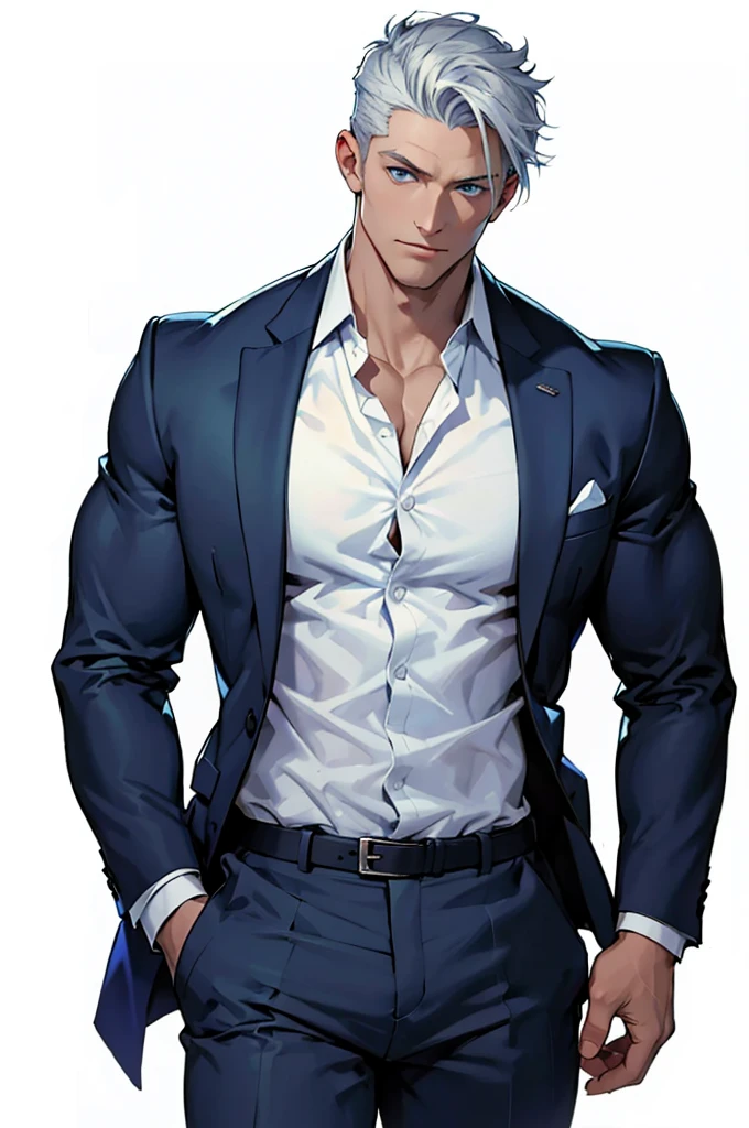 Drawing of a young Chad, Dark blue suit,tie, White shirt,Pants, Looking at the camera, male,Silver short hair,(Blue Eyes:1.2),muscle,bodyguard,Solid color background,(Pale skin:1.5)