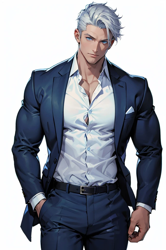 Drawing of a young Chad, Dark blue suit,tie， White shirt，Pants， Looking at the camera, male，Silver short hair，（Blue Eyes：1.2），muscle，bodyguard,Solid color background，（Pale skin：1.5）