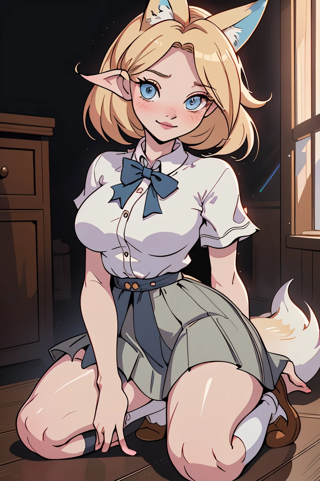 close up 1girl in, ager, Solo, Aesthetic artwork, blond, straight blonde hair, super long blonde hair, light blue eyes, some small freckles, pale skin, huge breasts, (large fox ears:1.25), runners body, (thin hips, thin waist: 1.25), detailed skin, shy smile, (action shot kneeling: 1.25), wearing a short sleeve button down white blouse, pink jk bow, short pleated skirt, school girl uniform, 50mm, 4k textures, soft cinematic light, RAW intricate, elegant, highly detailed, sharp focus, ((((cinematic look)))), soothing tones, insane details, intricate details, hyperdetailed, low contrast, soft cinematic light, dim colors, exposure blend, hdr, faded