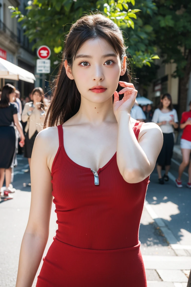 mature women, uesaka sumire, brown long hair, dark brown eyes, bangs, medium boobs, full body portrait, 8K quality, live action, realistic human emotions, realistic skin texture, natural skin,, 窓の結dew, toned body, toned stomach, high definition face, very shiny skin, sweaty, dew, cinematic lighting, (warm lighting), shallow depth of field, red camisole ribbed dress, cleavage, outside, day, street