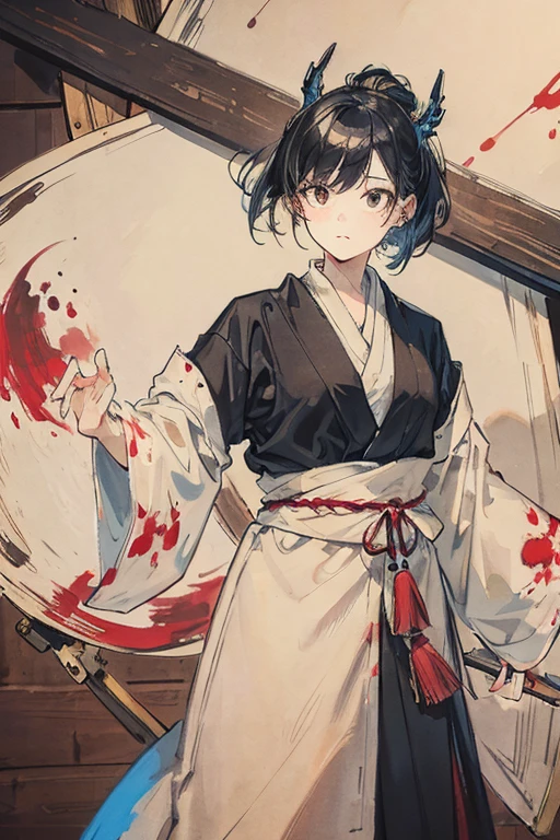 Ghost Painter,Have a large painting,Wooden palette with paints at hand,There's a ghost coming out of the painting