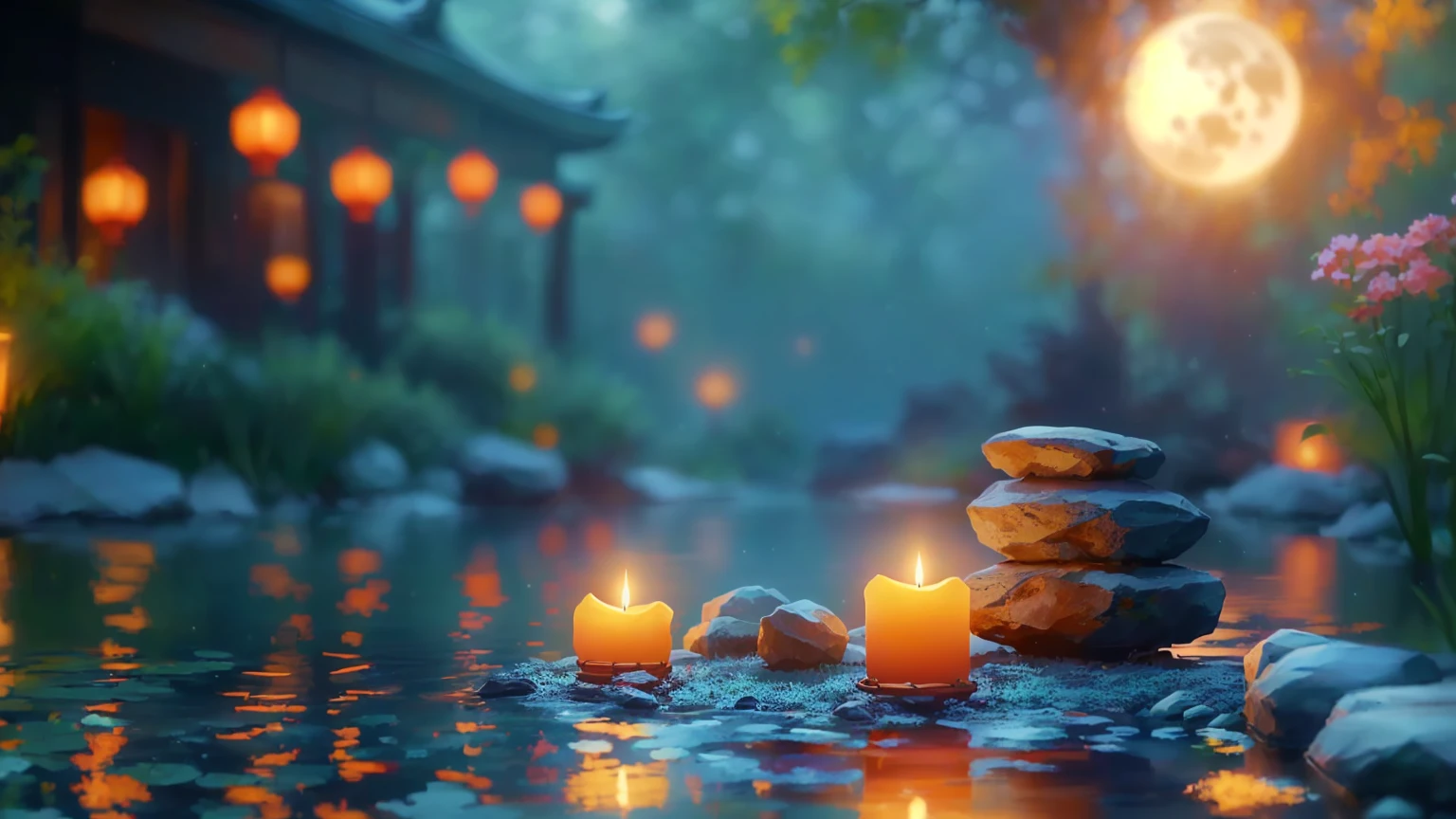 Full moon background、A candle and a stone are placed in the pond, Peaceful atmosphere, Relaxed atmosphere, Zen Nature Background, Relaxing environment, Calm evening atmosphere, relaxed mood, Quiet and peaceful atmosphere, Beautiful atmosphere, Floating Candles, Relaxing concept art, Background artwork, Quiet landscape, Peaceful environment, Zen temple background, Warm and beautiful scenery, Beautiful atmosphere
