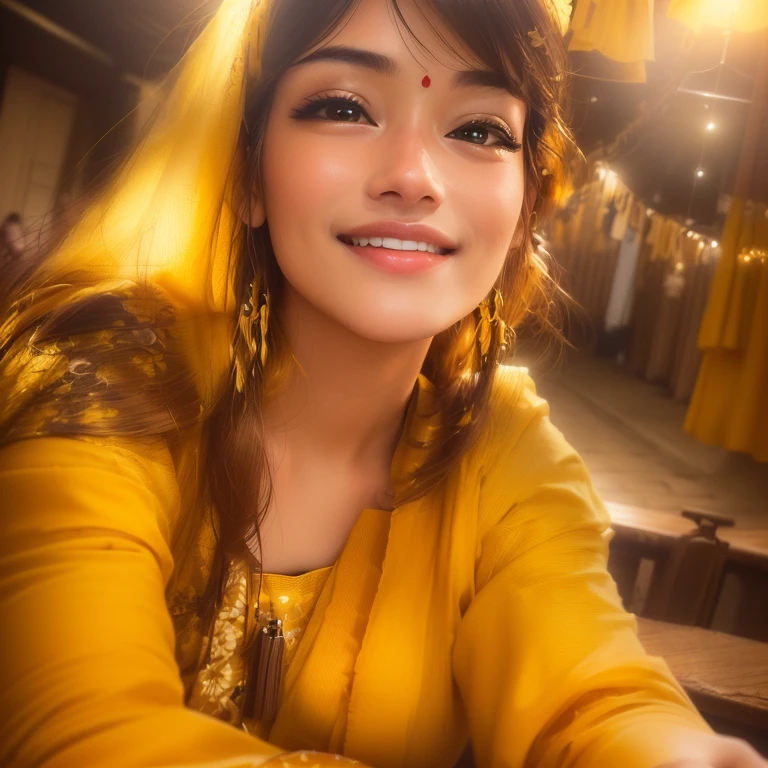 a close up of a woman in a yellow shirt sitting at a table, candid picture, with accurate face, with lovely look, with yellow cloths, with a beautifull smile, at night time, very very low quality picture, taken with the best dlsr camera, selfie of a young woman, candid photograph, traditional beauty, with beautiful colors, indian