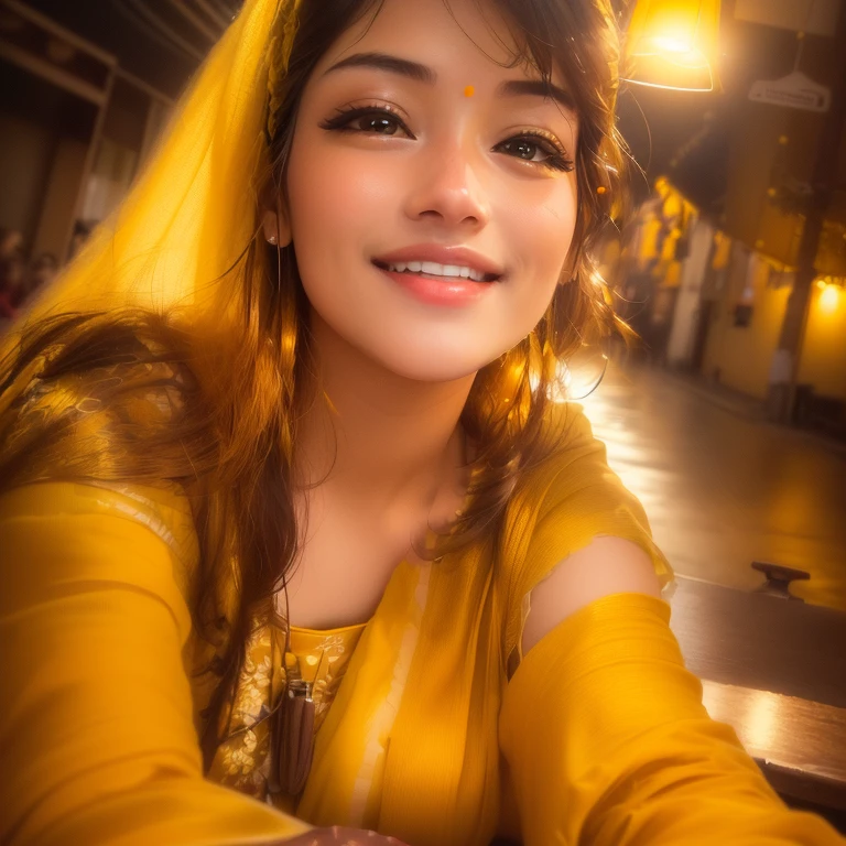 a close up of a woman in a yellow shirt sitting at a table, candid picture, with accurate face, with lovely look, with yellow cloths, with a beautifull smile, at night time, very very low quality picture, taken with the best dlsr camera, selfie of a young woman, candid photograph, traditional beauty, with beautiful colors, indian