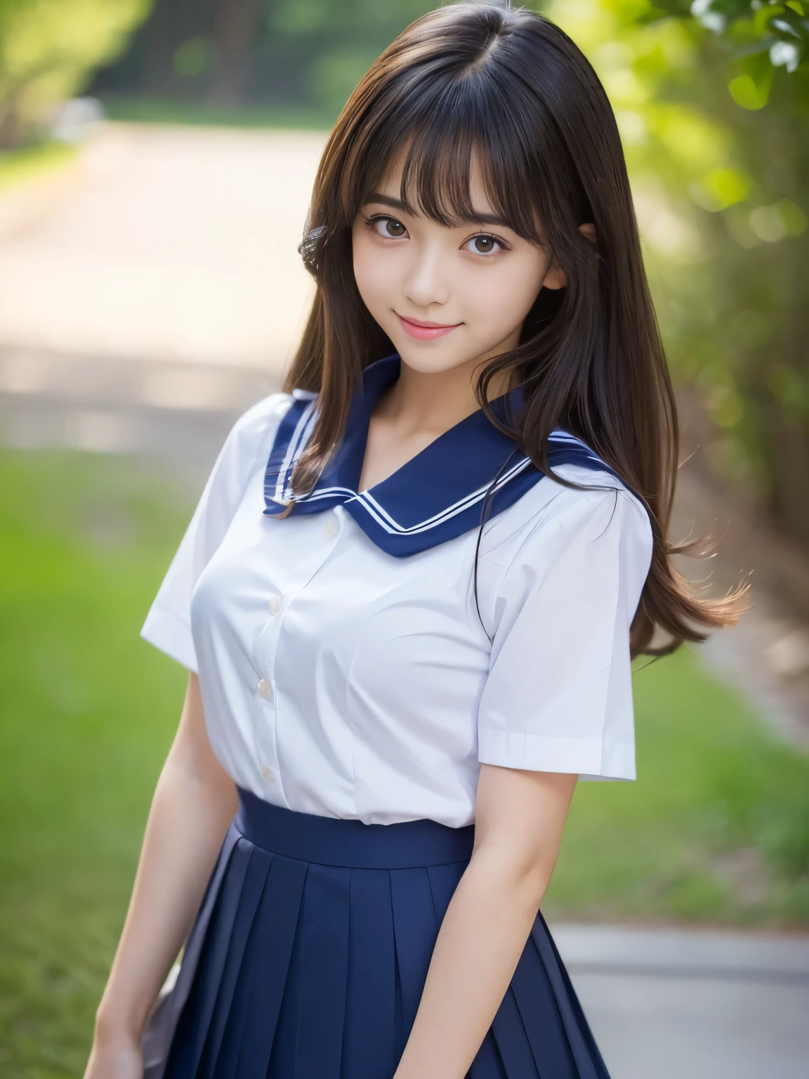 (Best-quality, Masterpiece, Ultra-High-Resolution, (Photorealistic:1.4), Raw Photo, depth of field, professional lighting, perfect anatomy, extremely details), 1girl, 15-years-old, the most famous Japanese idol, (wearing Japanese high-school uniform with summer-design, white short sleeves shirt, (navy-blue long-pleated-skirt)), ((from below, looking at viewer, panty-shot)), (extremely cute face, (extremely cute big-eyes), extremely cute hair, extremely cute skins, extremely cute long-eyelashes, extremely cute lips), extremely cute body, extremely cute thighs, ((shy-smile))