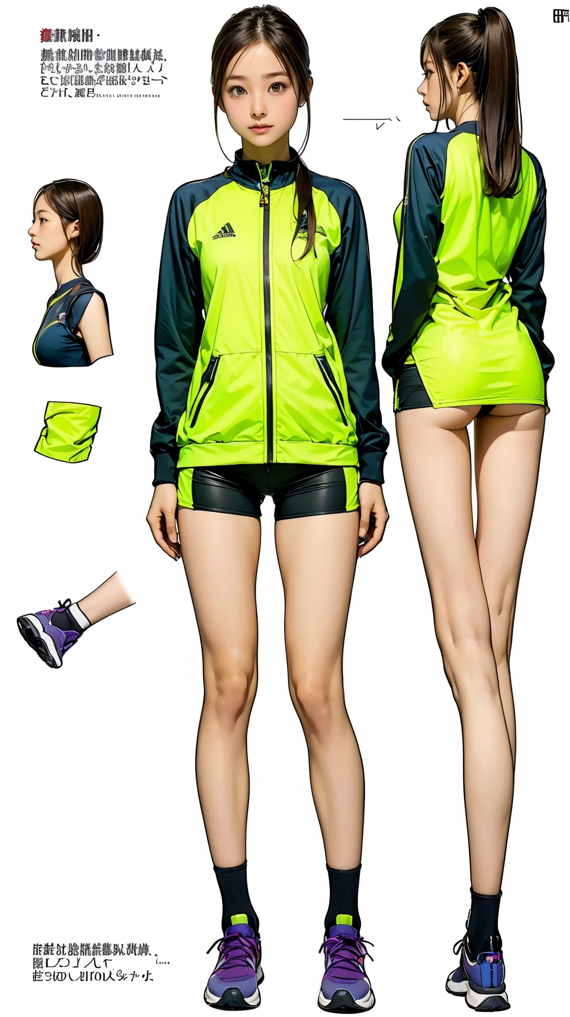 ((masterpiece)),(((Highest quality))),((1 person, Reference Sheet, Character Design, front, return, ~ ~ ~ side))), Very slim, Very small ass, Thin thighs, Long legs, It's not a big deal, Wearing a marathon uniform and marathon shoes, ((Browsing Caution:1.3))