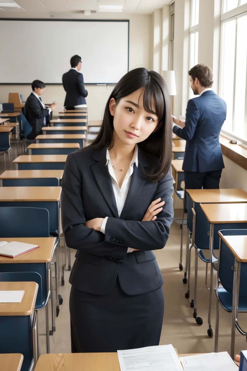 ((best qualityer)), ((work of art)), (detailded), A university classroom with a generic professor in the middle, looking at front