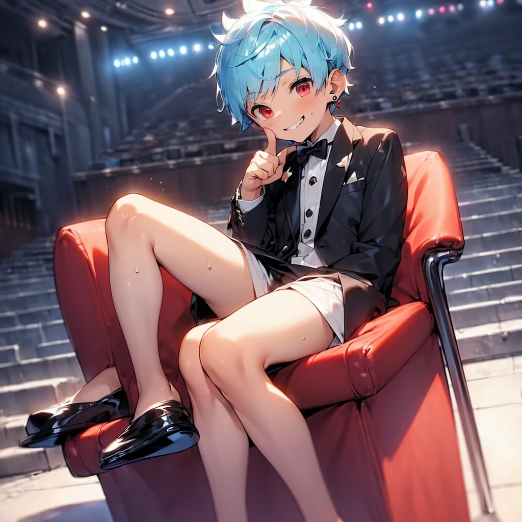 (solo:2.5), (boldline:-1.7), (put index finger on mouth:1.5), (((musical note))), (sitting on red chair:1.5), (((fang))), (((best finger))), BREAK (best quality:1.5), (absolutely resolution:1.5), (ultra detailed:1.5), (masterpiece:1.5), (perfect face), (detailed face), (detailed eyes), (best eyes), (cute face), (shota:2), BREAK (tuxedo:1.5), (skinny:1.3), (spiked hair), BREAK (light blue hair:1.5), (wine red eyes:1.4), (eyes with highlight:1.6), ((mole under eye)), (sweaty skin), (grin:1.5), ((earrings)), (shiny skin:1.3), BREAK (concert hall:1.5), (spot light:1.3), (at concert), ((wind blowing)), frow below,