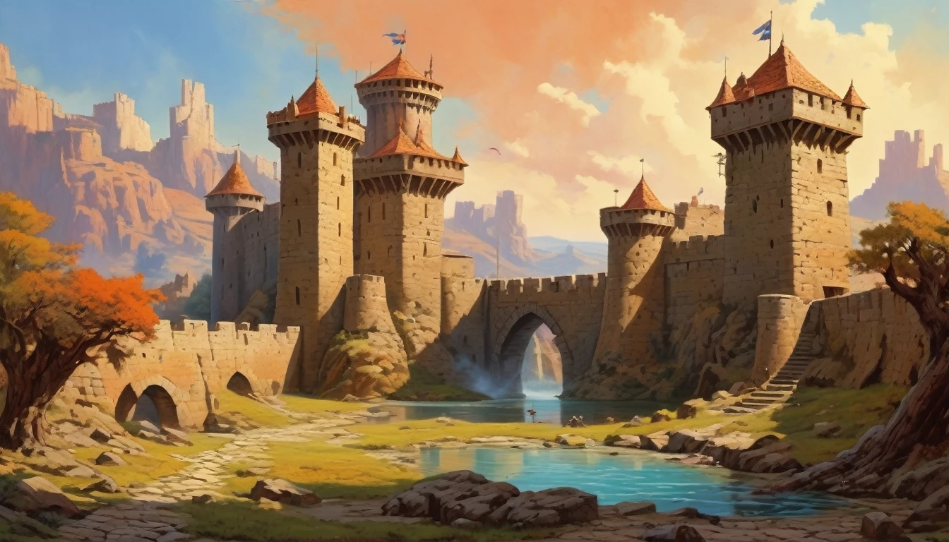 A medieval-style fortress with stone walls, watchtowers, and a surrounding moat, set in a similar barren landscape. Style of Frank Frazetta. Hyper realistic photo, vibrant colors, 16k