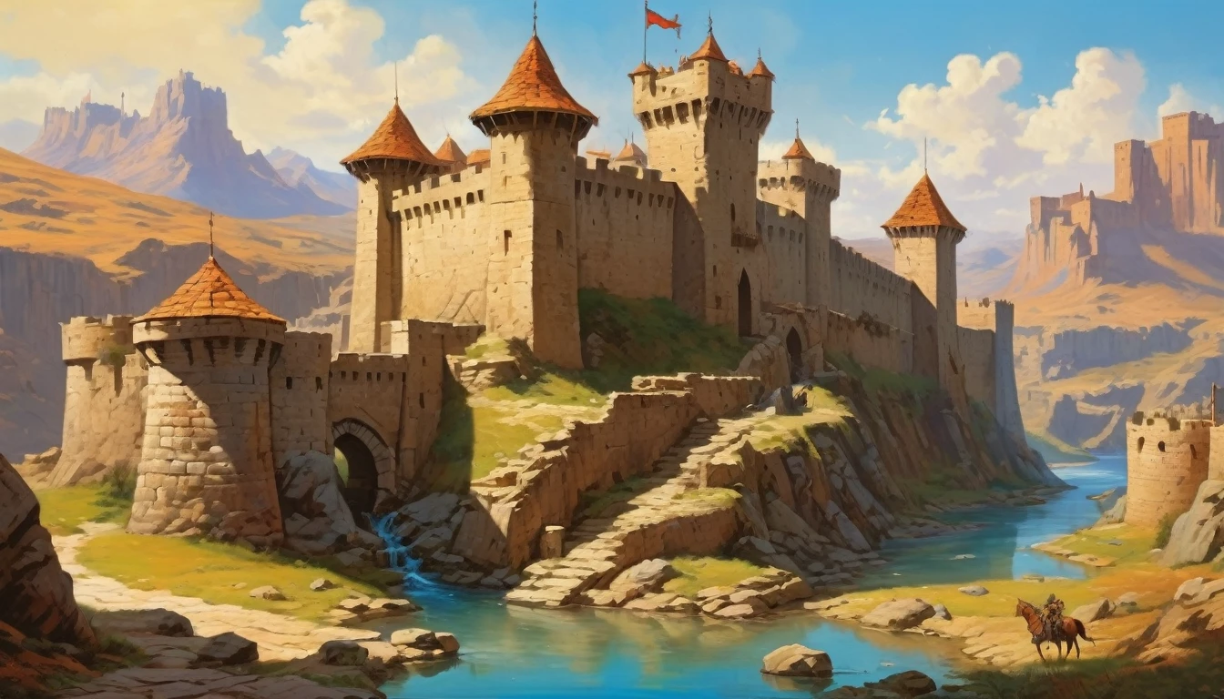 A medieval-style fortress with stone walls, watchtowers, and a surrounding moat, set in a similar barren landscape. Style of Frank Frazetta. Hyper realistic photo, vibrant colors, 16k