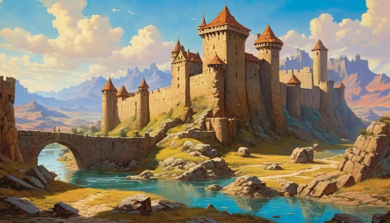A medieval-style fortress with stone walls, watchtowers, and a surrounding moat, set in a similar barren landscape. Style of Frank Frazetta. Hyper realistic photo, vibrant colors, 16k