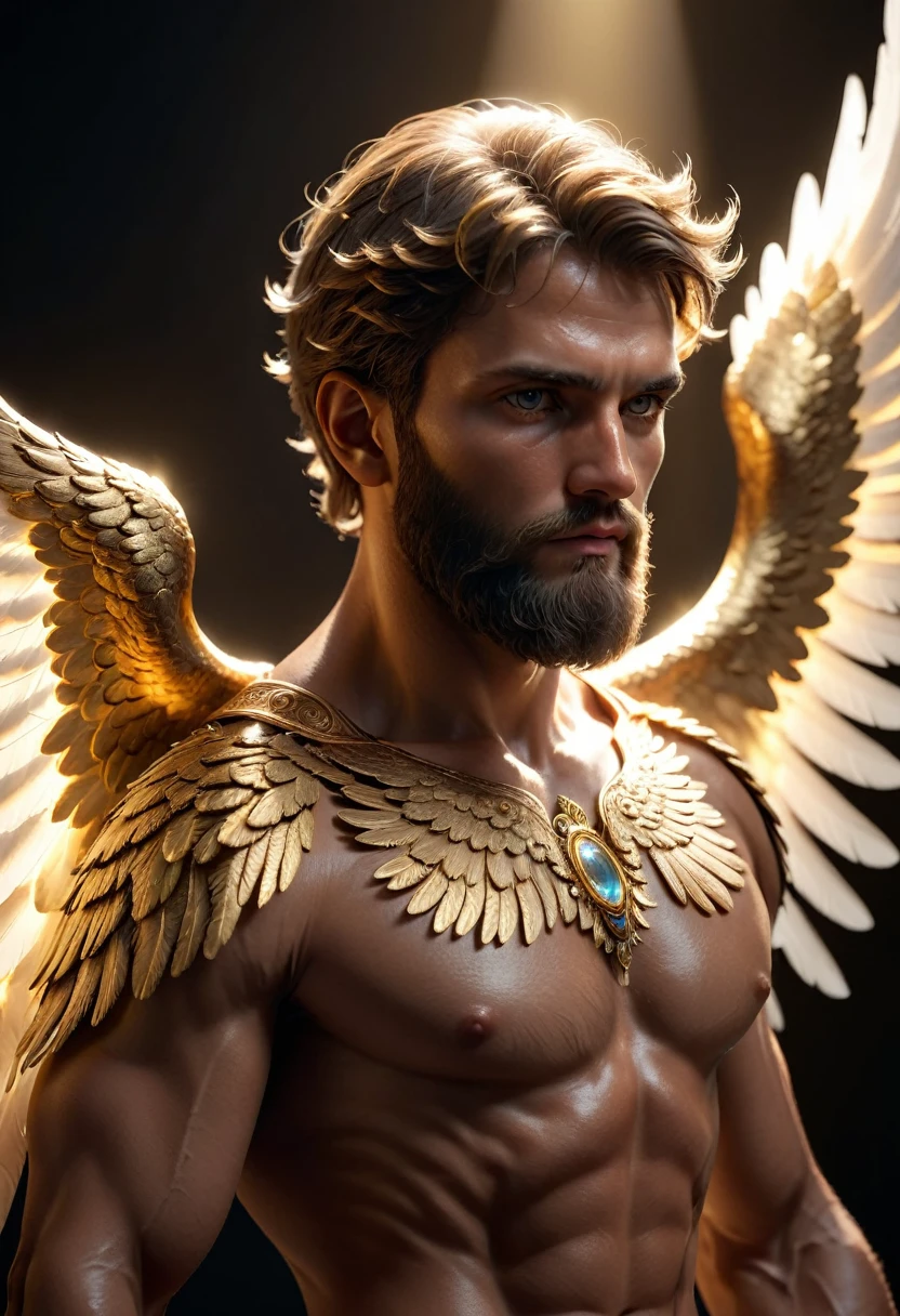 dark, (ashenhard style:1.1),, a male angel, with beams of light enveloping his body, his feathery wings are spread out, a golden halo over his head, muscular, beard, masculine, masterpiece, best quality, intricate detail, absurdres, high detail RAW color Photo, highly detailed, harsh lighting, cinematic lighting, detailed eyes, distinct pupils, contrast, textured skin, cold skin pores, hard light, gigapixel, feet visible, flawless face, 8k resolution, beautiful, cinematic, elegant, hyperrealistic, octane render, unreal, high definition, 8k resolution, highly detailed, 8k uhd, professional lighting, photon mapping, radiosity, physically-based rendering, perfect face, detailed face and body, award-winning photography, detailed face, backlight, ultrarealistic, ray tracing, intense gaze, cinematic lighting