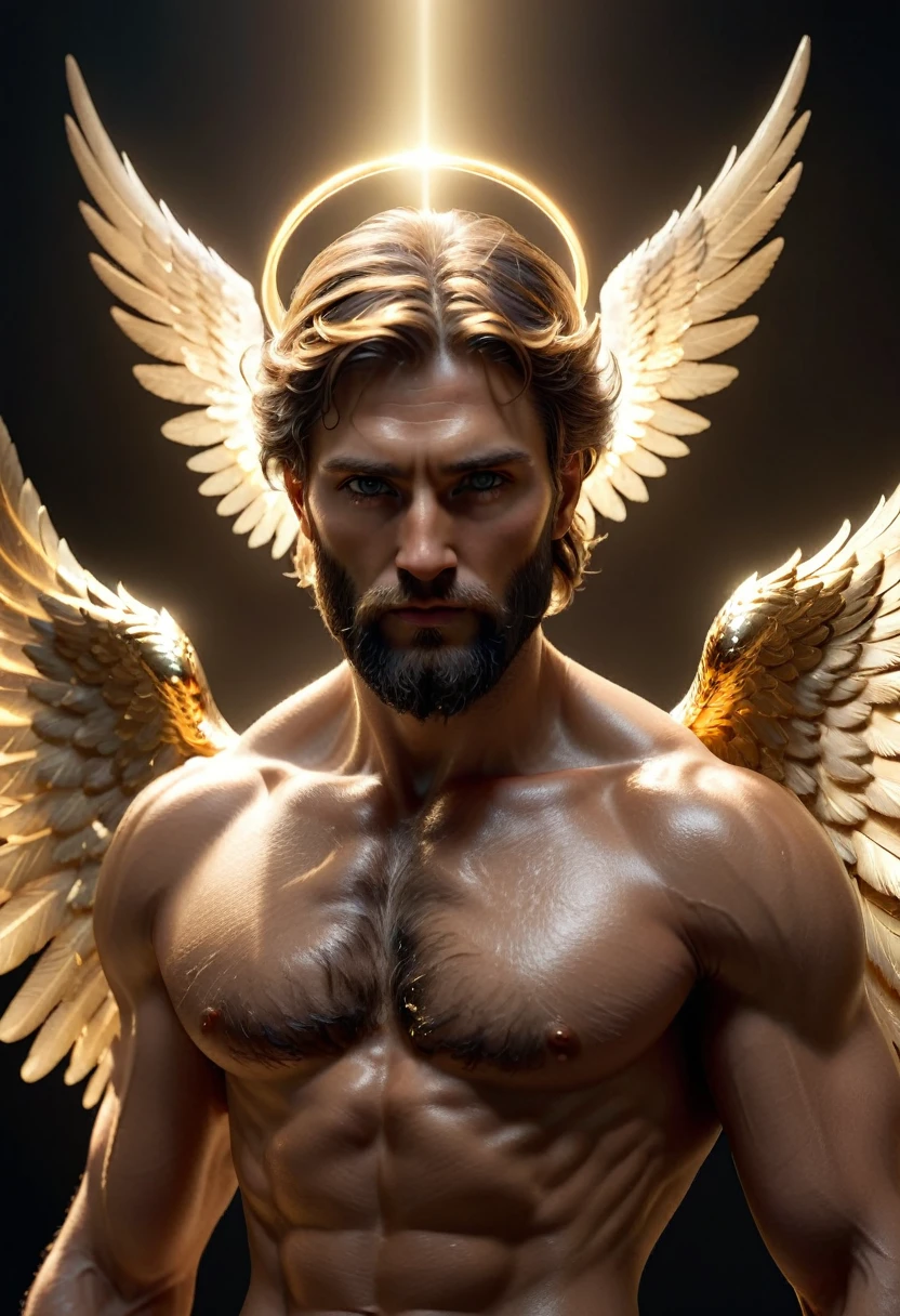 dark, (ashenhard style:1.1),, a male angel, with beams of light enveloping his body, his feathery wings are spread out, a golden halo over his head, muscular, beard, masculine, masterpiece, best quality, intricate detail, absurdres, high detail RAW color Photo, highly detailed, harsh lighting, cinematic lighting, detailed eyes, distinct pupils, contrast, textured skin, cold skin pores, hard light, gigapixel, feet visible, flawless face, 8k resolution, beautiful, cinematic, elegant, hyperrealistic, octane render, unreal, high definition, 8k resolution, highly detailed, 8k uhd, professional lighting, photon mapping, radiosity, physically-based rendering, perfect face, detailed face and body, award-winning photography, detailed face, backlight, ultrarealistic, ray tracing, intense gaze, cinematic lighting