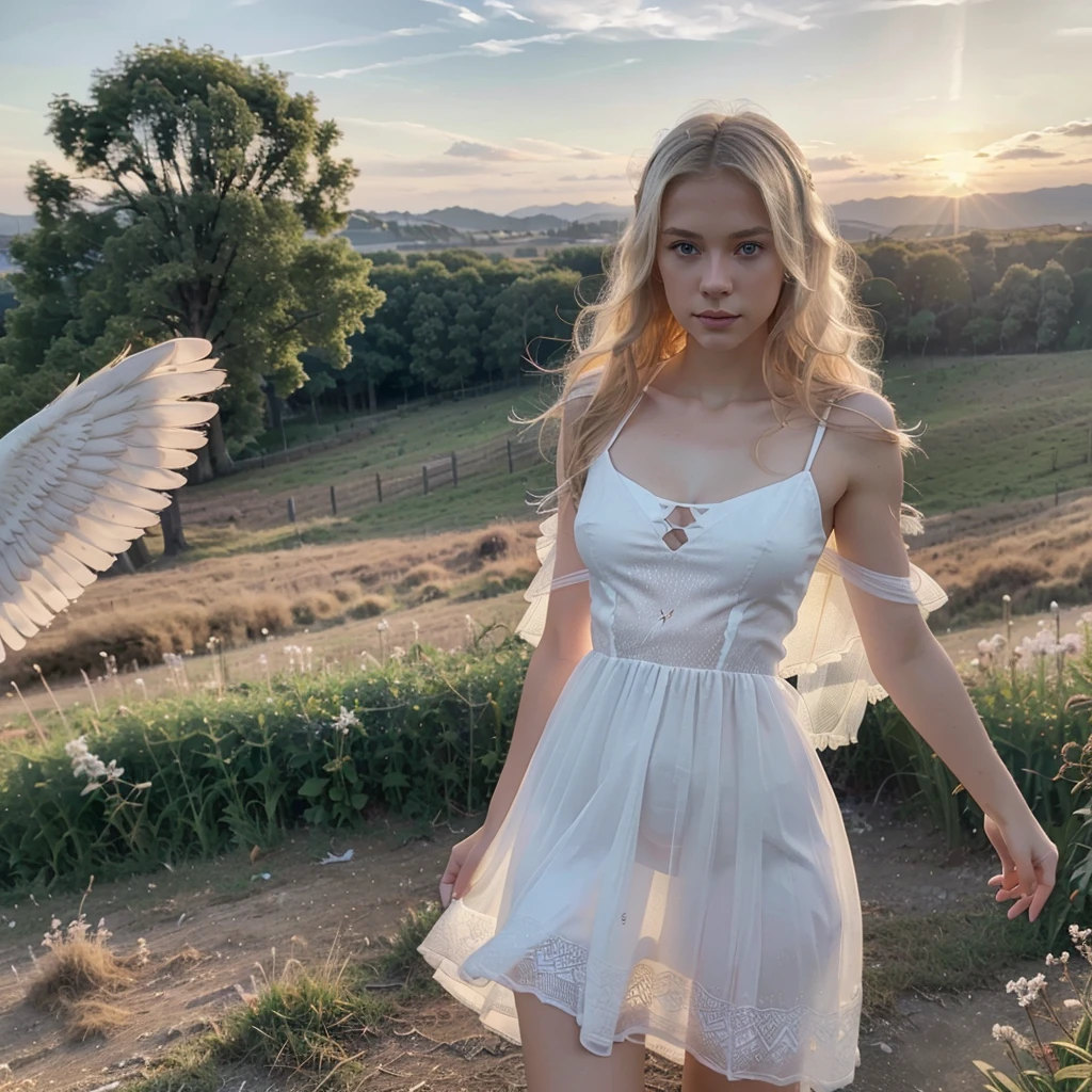8k, RAW photo, best quality, ultra high resolution, (photorealistic), realistic photo of skinny blonde girl angel with big white wings, (skinny blonde girl, 20 years old, most beautiful slavic girl in the world, slim face, blue eyes, blonde hair, wavy hair), in the field, hills, sunset, bright light, (full body picture), standing posing for picture, angel, spread white wings, (white feather wings), halo, (wearing white see through sundress, (white translucent dress)), ((looking at viewer)), submissive look, epic, (extremely detailed CG unity 8k wallpaper), Sharp focus, (bright light)