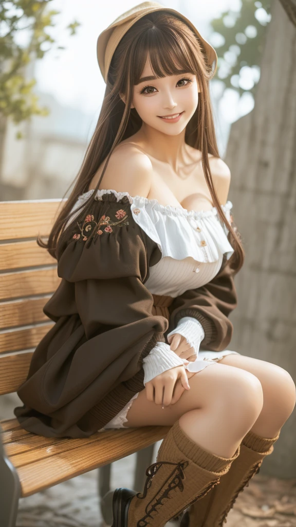 Upper body photo、Take close-up photos of your face、big breasts、Natural Lip、Fair skin、Great light、Beautiful lighting、((brown hair:1.2))、Blunt bangs、Detailed embroidery、Black dress、Off-the-shoulder jacket、Gorgeous Accessories、Knee-high socks、night、Outdoor Background、smile、Cute Smile
