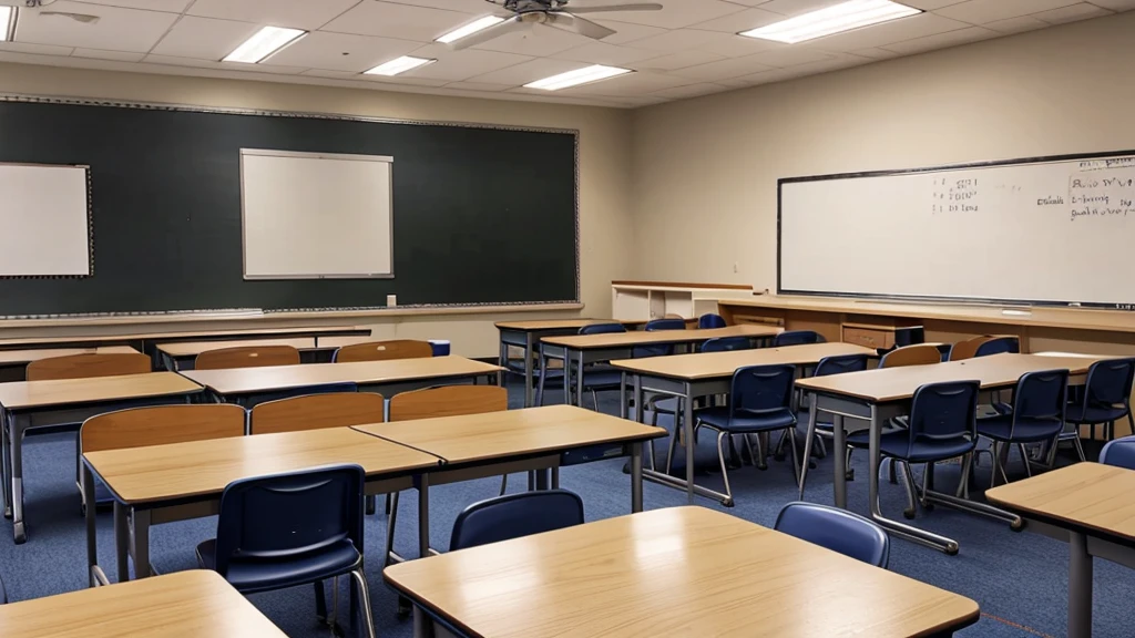 Classroom empty no chairs no seats