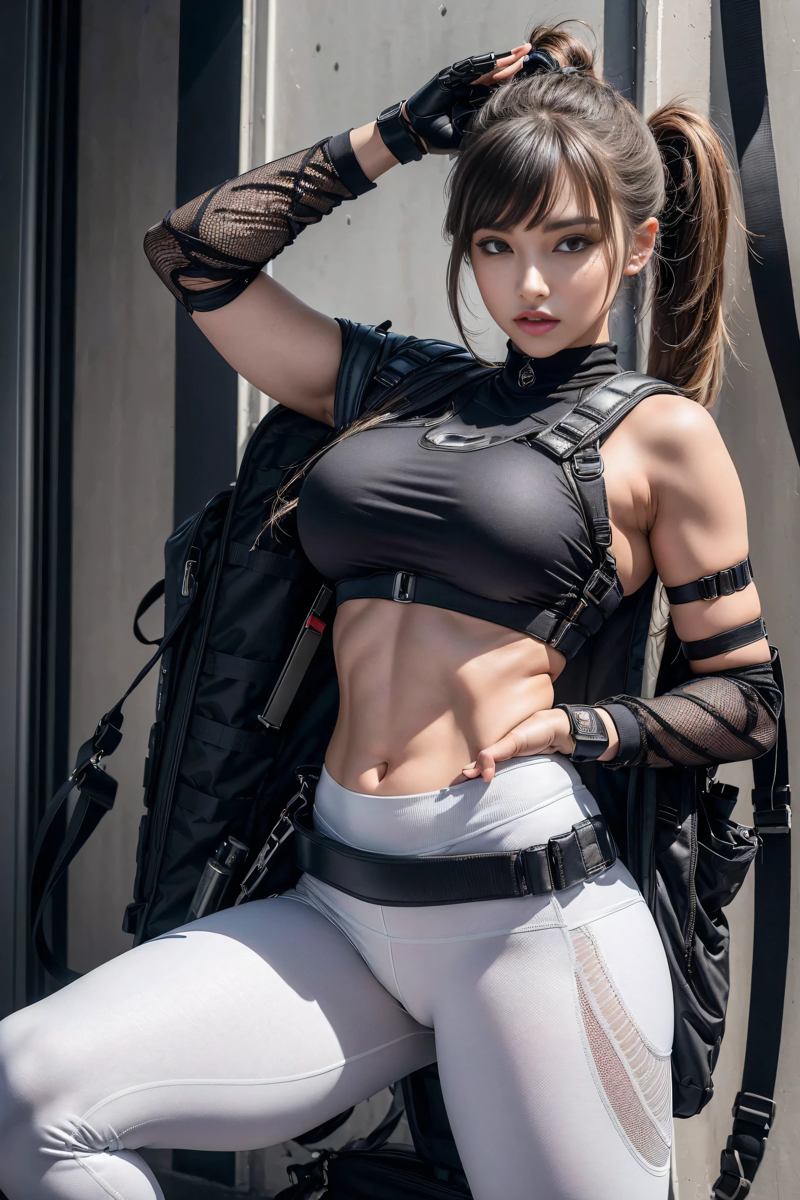 (Highest image quality, Outstanding details, Ultra-high resolution), 1 girl, put((A futuristic military look inspired by white yoga pants, Military wiring harness, Military Equipment,For example, military bag)), (Glamorous characters, Curvy body, Fitness, Tight abs), background(At military bases), (Dynamic poses)