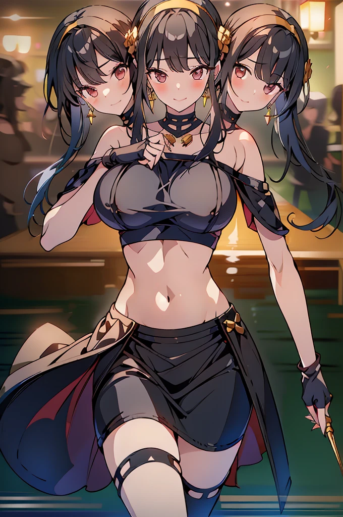 (masterpiece, best quality), best resolution, (3heads:1.5), 1girl, yor briar cosplay, bare shoulders, black crop top, black skirt, black gloves, black hair, blood, blood on face, blood on weapon, breasts, miniskirt, earrings, fingerless gloves, floating hair, gloves, gold earrings, gold hairband, hair flower, hair ornament, hairband, holding, holding weapon, jewelry, long hair, looking at viewer, off-shoulder dresscrop topent smile, convention center parking lot, cowboy shot, huge tits, open belly, exposed midriff, detailed eyes, 