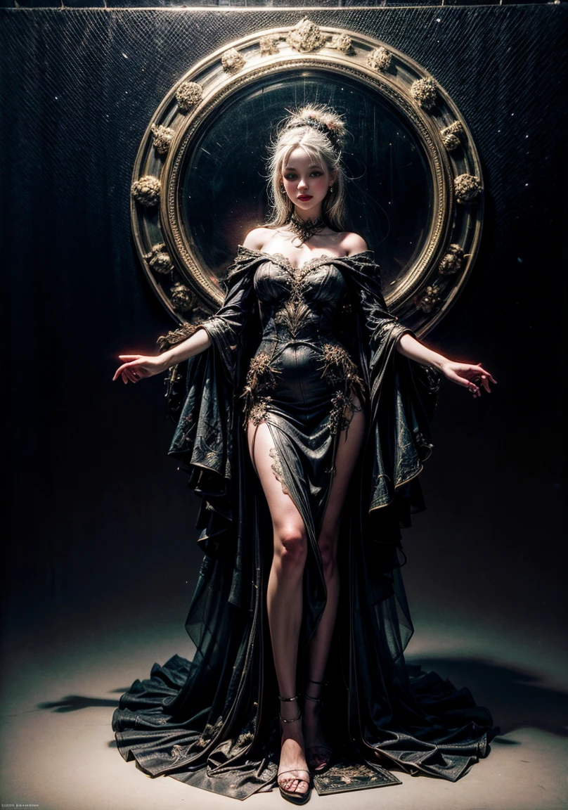 Photoshoot of a Beautiful full body woman in Wonder dress made of shimer and ethereal fabric from the Christmas Retro-Futuristic, Art Nouveau, double exposure. lines art, dark fantasy, acrylic masterpiece in the style of Craola, Andy Kehoe, Dorian Vallejo, Damian Lechoszest, Todd Lockwood.