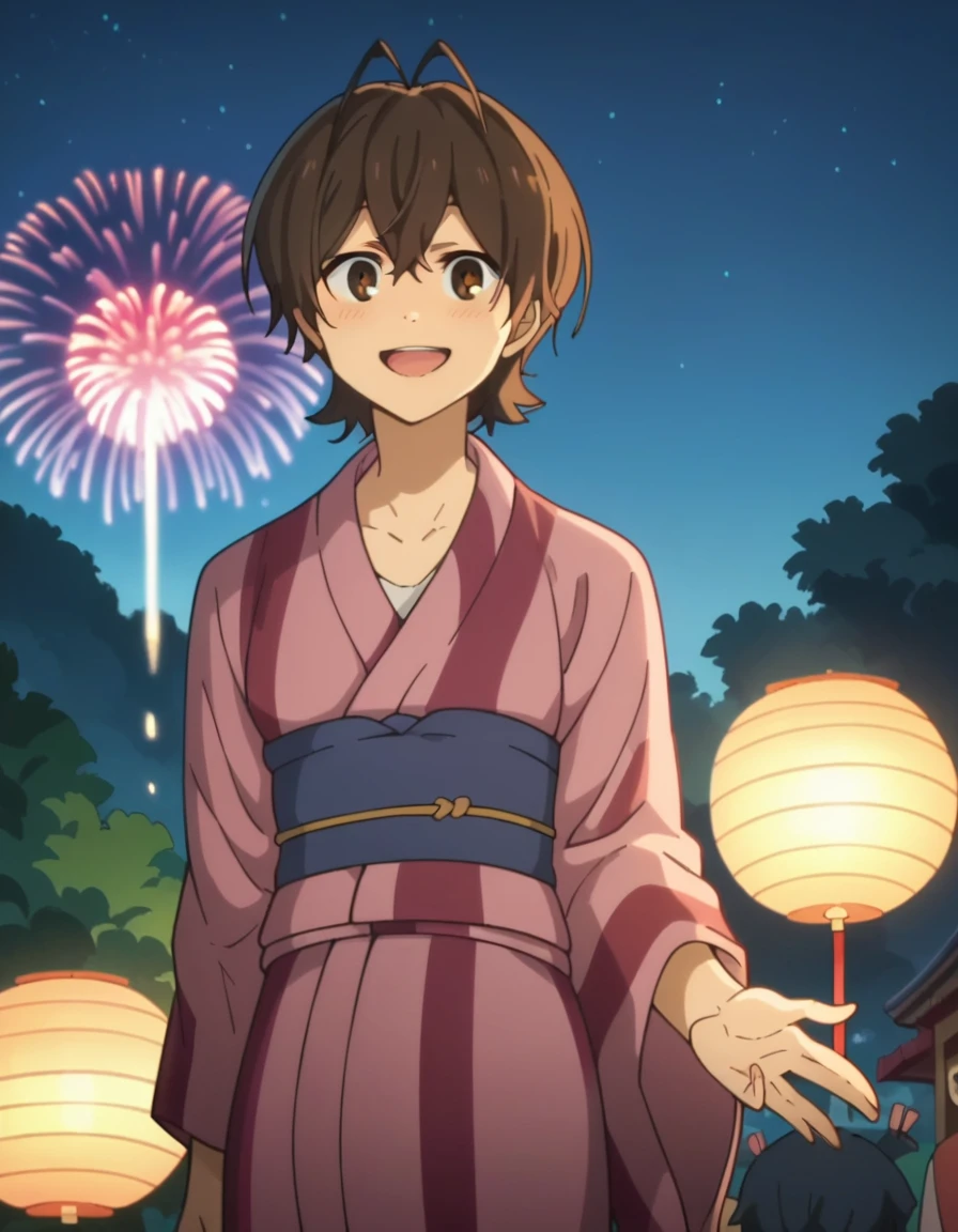 score_9, score_8_up, score_7_up, score_6_up, score_5_up, score_4_up, source anime, anime screencap, anime coloring, miwa, looking at viewer,kimono,night, fireworks, smile, blush, open mouth,