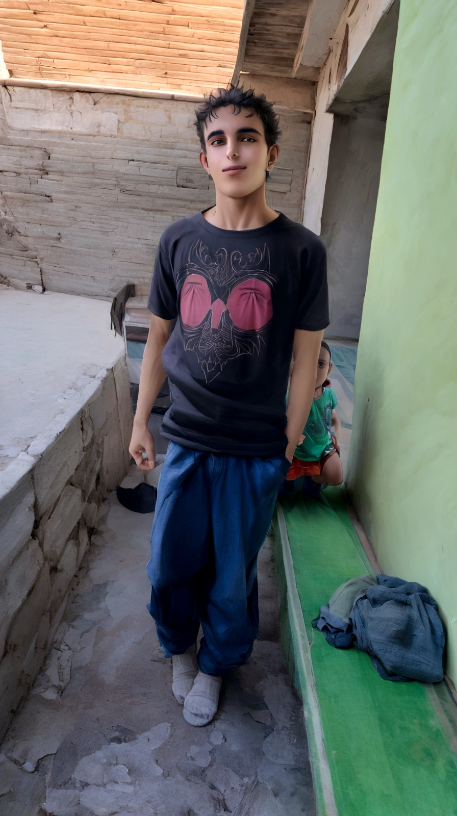 arafed man standing in front of a green wall with a black shirt, very very low quality picture, mohamed chahin, around 1 9 years old, he is wearing a black t-shirt, full body picture, 14 yo berber boy, old picture, khyzyl saleem, ismail, photo taken in 2 0 2 0, in tshirt