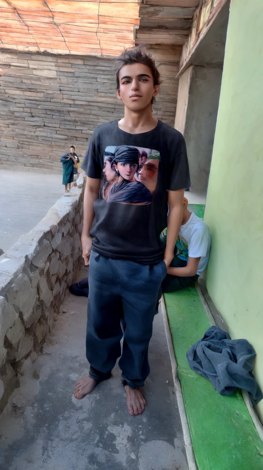 arafed man standing in front of a green wall with a black shirt, very very low quality picture, mohamed chahin, around 1 9 years old, he is wearing a black t-shirt, full body picture, 14 yo berber boy, old picture, khyzyl saleem, ismail, photo taken in 2 0 2 0, in tshirt