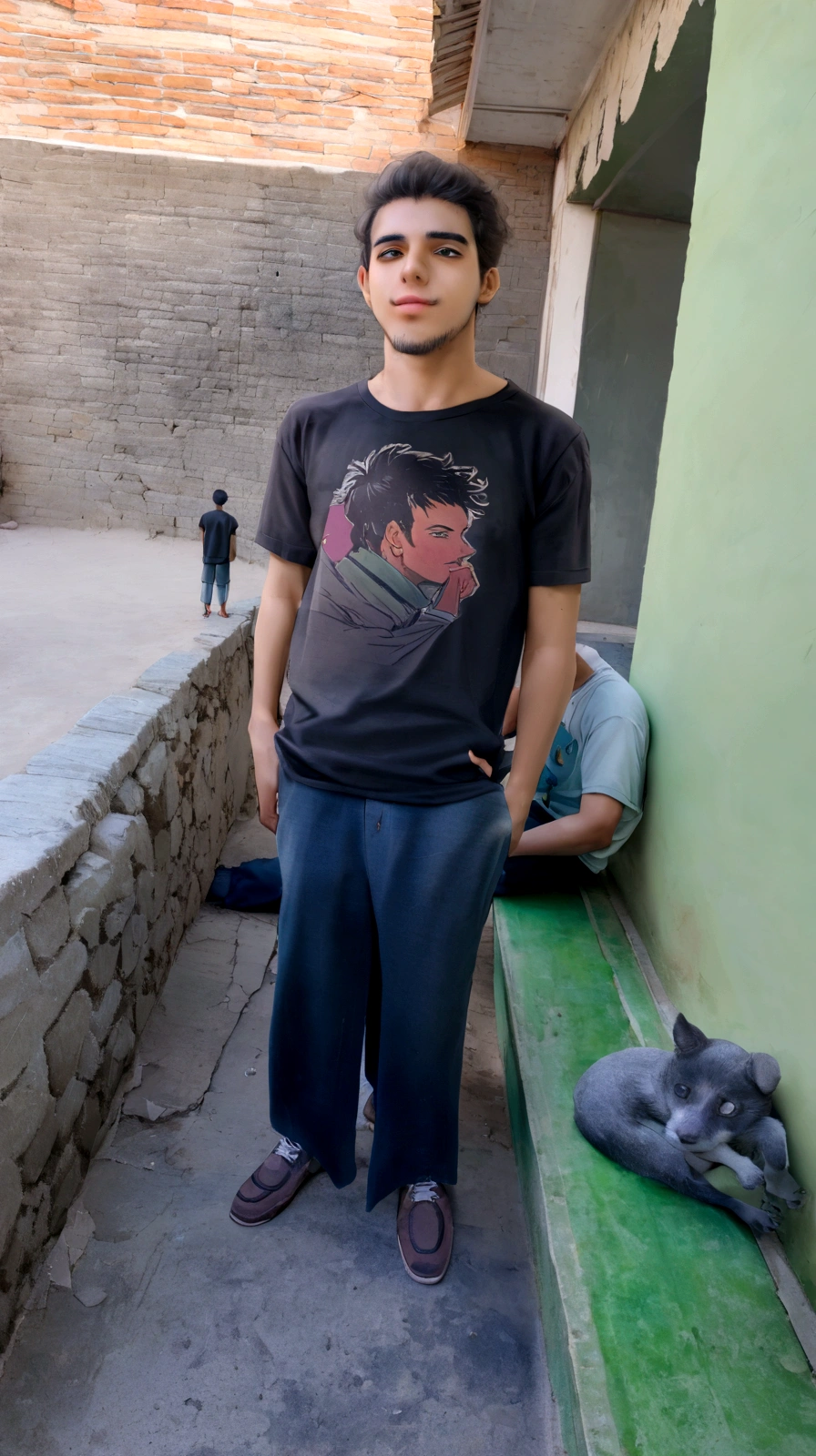 arafed man standing in front of a green wall with a black shirt, very very low quality picture, mohamed chahin, around 1 , he is wearing a black t-shirt, full body picture, 14 yo berber boy, old picture, khyzyl saleem, ismail, photo taken in 2 0 2 0, in tshirt