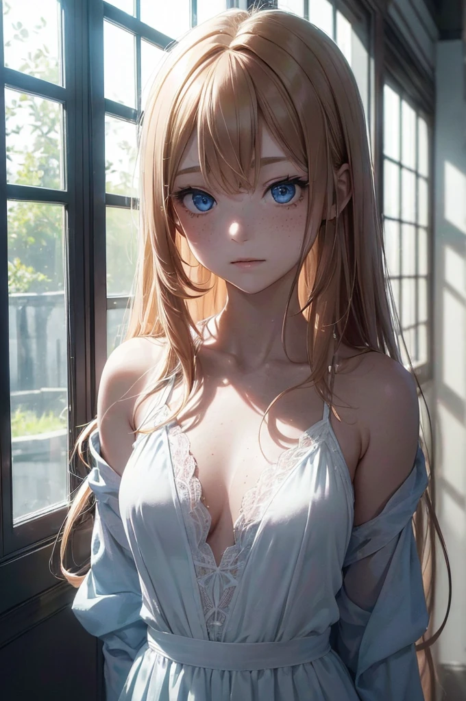 ((1 Female, 1 person, Solitary) Alice, Humanity, Long curly blond hair, blue eyes, freckle, ager, 18 years, Rebirth_ongoing) (Main Part, Super detailed, 8K, (HD, Sunlight:0.5, Soft_shadow:0.5, atmosphere_light, 8K, 4K, Surrealism, elegant, ((((Appearance)))), Soft Ton, 柔和的light))(((Dark, Chiaroscuro)))