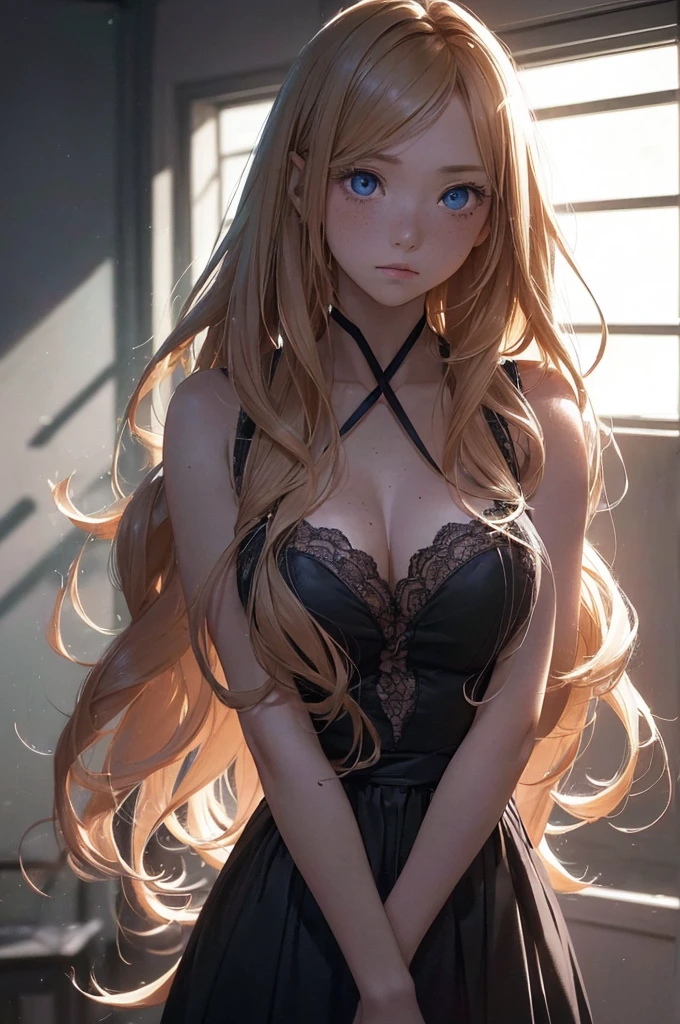 ((1 Female, 1 person, Solitary) Alice,  Humanity, Long curly blond hair, blue eyes, freckle, teenager, 18 years, Rebirth_ongoing) (Main Part, Super detailed, 8K, (HD, Sunlight:0.5, Soft_shadow:0.5, atmosphere_light, 8K, 4K, Surrealism, elegant, ((((Appearance)))), Soft Ton, 柔和的light))(((Dark, Chiaroscuro)))