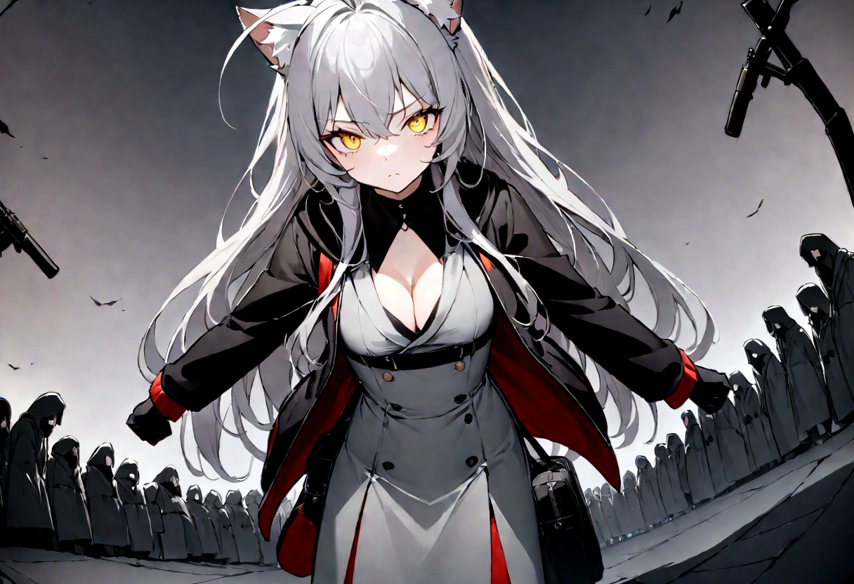 Surrounded by enemies、(masterpiece, best quality:1.2), 1girl, 独奏、Gray cat ears、Point your gun at us、Grey long hair、Ahoge、Yellow Eyes、Gray cat ears、The hoodie I took off was my carry-on baggage.、Ready your gun?、sniper rifle、Background of military bases、Fisheye Lens、battlefield、Shadows of light and darkness、Expressionless、Grim face、battle、Black knee socks、Cleavage、 A black hoodie worn over the arm