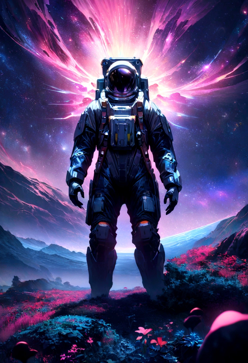 an astronaut standing in a lush field, nomanssky style wallpaper, 4K high resolution concept art beautiful masterpiece,abstract dream, space, intricate, large scale, alone, cinematic film still, Insane detail, sharp focus, depth of field , realistic lighting, (realistic perspective), complex, (multiple subjects), 4k HDR,