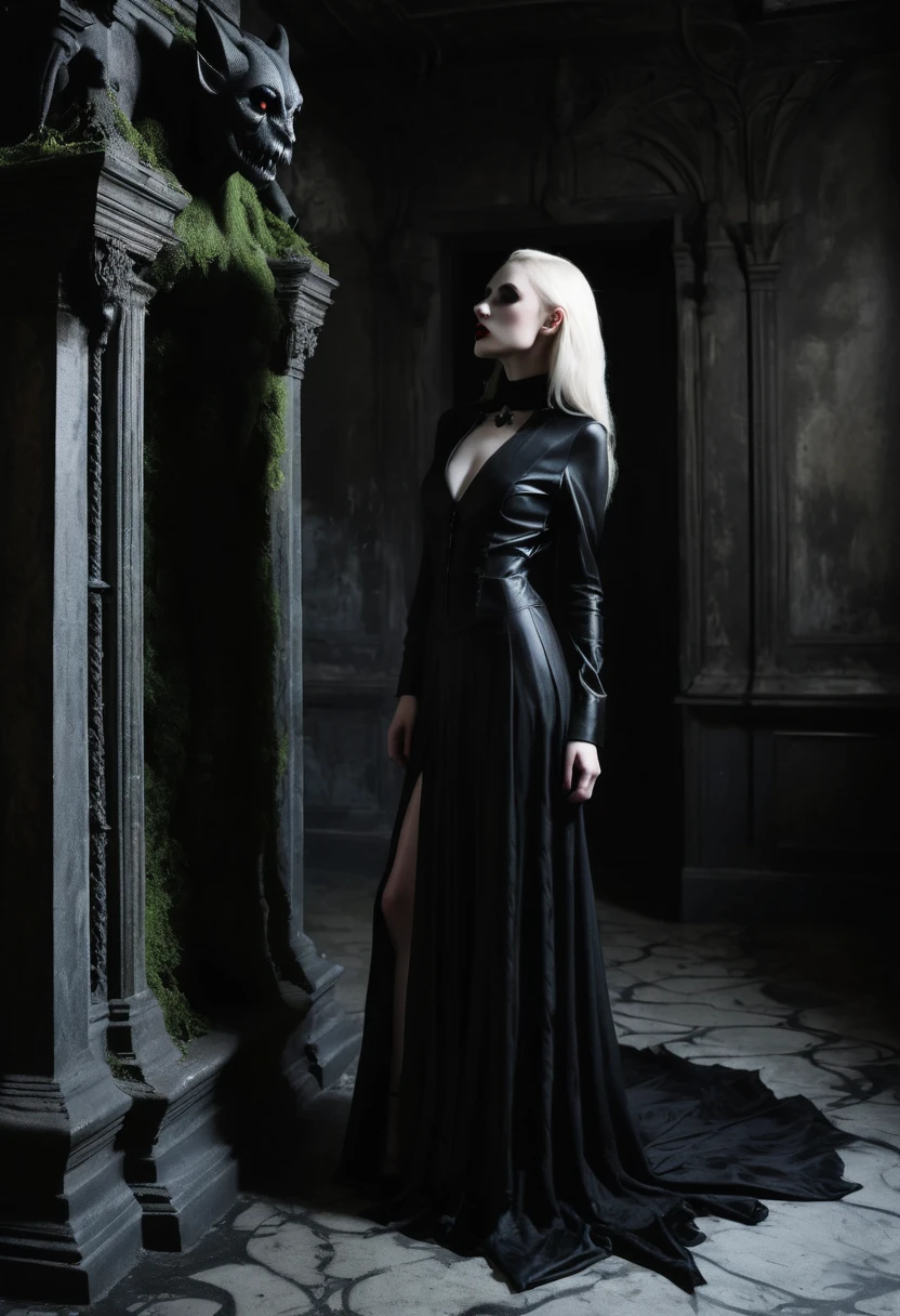 Woman dressed in latex posing for a photo in a dark abandoned church, fetish fashion, goth make-up, darksynth aesthetic, horror fashion, bizarre fashion, ultra detailed, masterpiece.