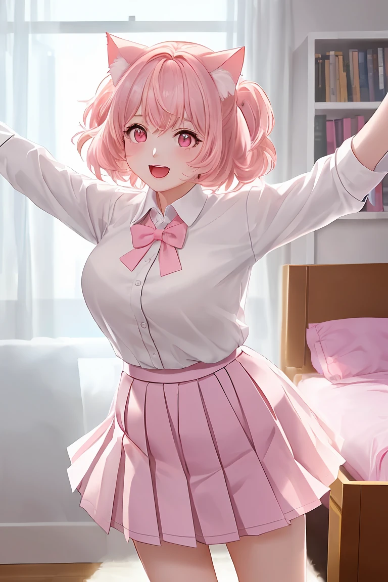 score_9,score_8_up,score_7_up,masterpiece, top quality, best quality, official art, beautiful and aesthetic, animation, , 1girl with cat ear, perfect figure, pink hair, complicated details, bedroom, sunny, excited preparation, (white shirt, pink pleated skirt:1.5), cat ear girl, jumping around, grabbing arms ,