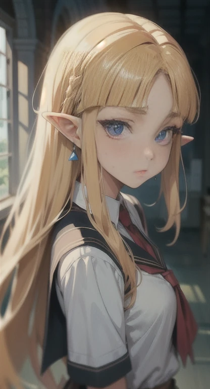 Sweating, Princess Zelda, Hyrule high school, school's uniform, students everywhere, looking at viewer, front view,