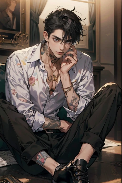 1 , a man with tattoos sitting on a couch, handsome, handsome male, Perfect male body, black hair, leather shoes, serious expression, Sanpaku, highest quality, ray tracing, dramatic shadows, gold chain,floral shirt, 