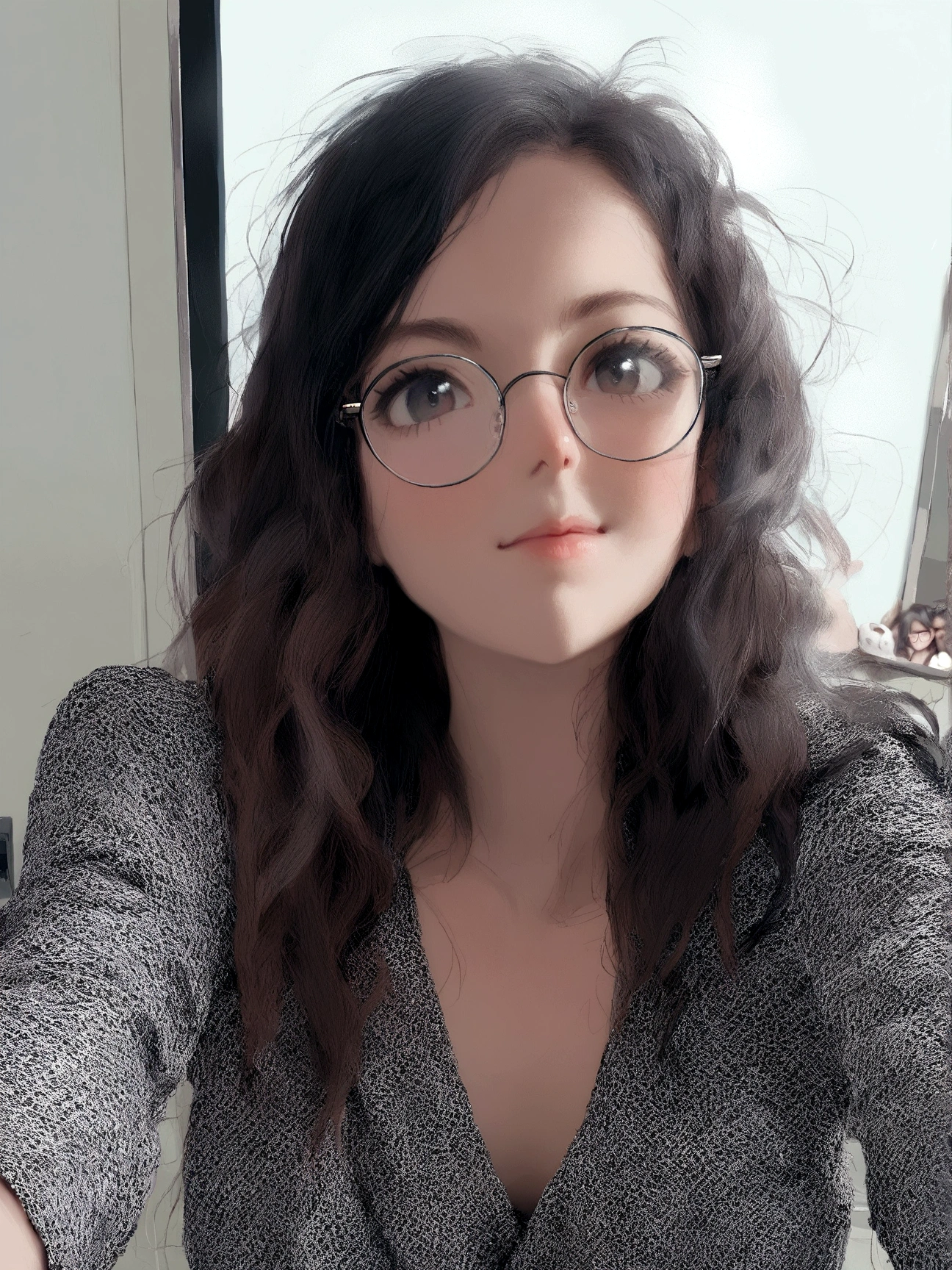 there is a woman taking a selfie in a bathroom mirror, selfie of a young woman, headshot profile picture, wearing small round glasses, girl wearing round glasses, looking straight to camera, taken in the early 2020s, girl with glasses, wavy long black hair and glasses, wearing thin large round glasses, no makeup wavy hair, she wears harry potter glasses