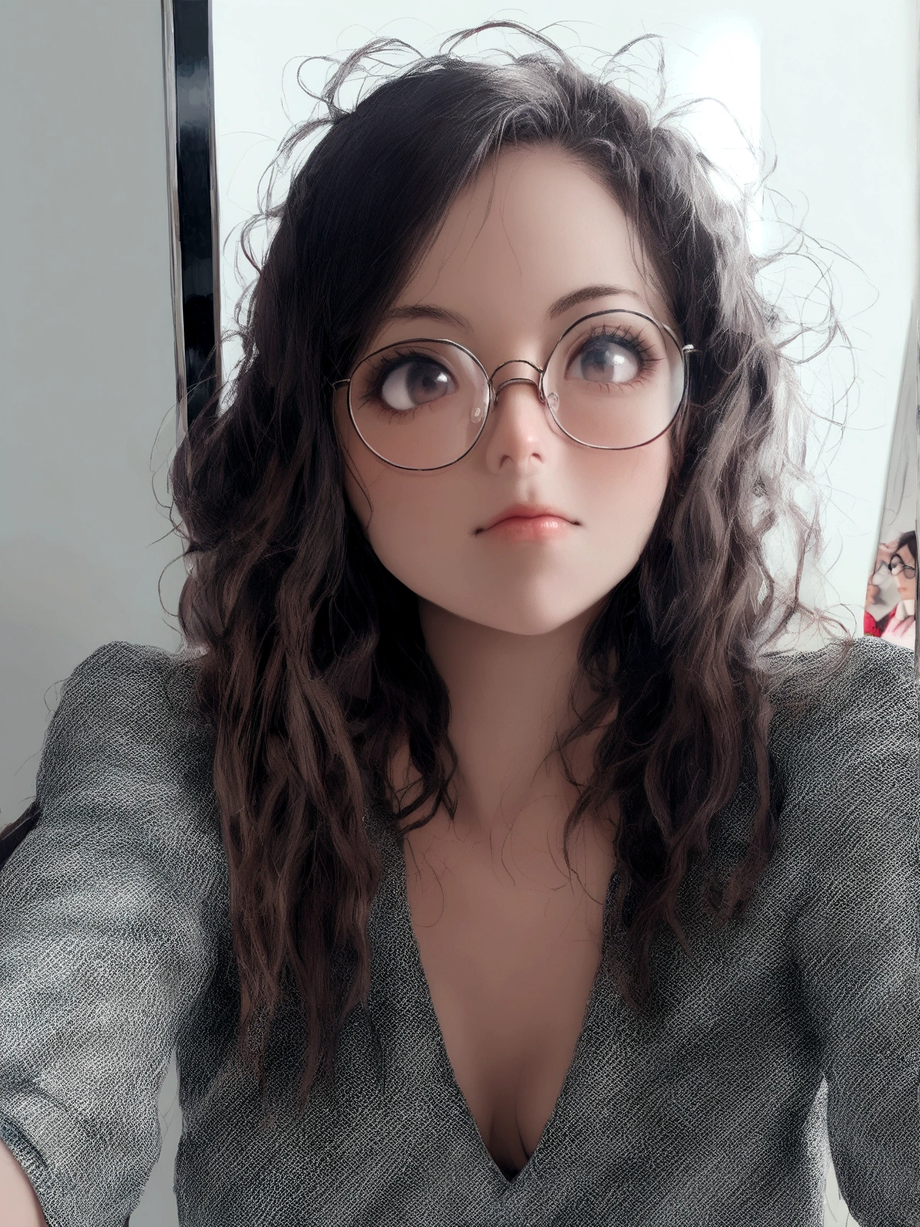 there is a woman taking a selfie in a bathroom mirror, selfie of a young woman, headshot profile picture, wearing small round glasses, girl wearing round glasses, looking straight to camera, taken in the early 2020s, girl with glasses, wavy long black hair and glasses, wearing thin large round glasses, no makeup wavy hair, she wears harry potter glasses