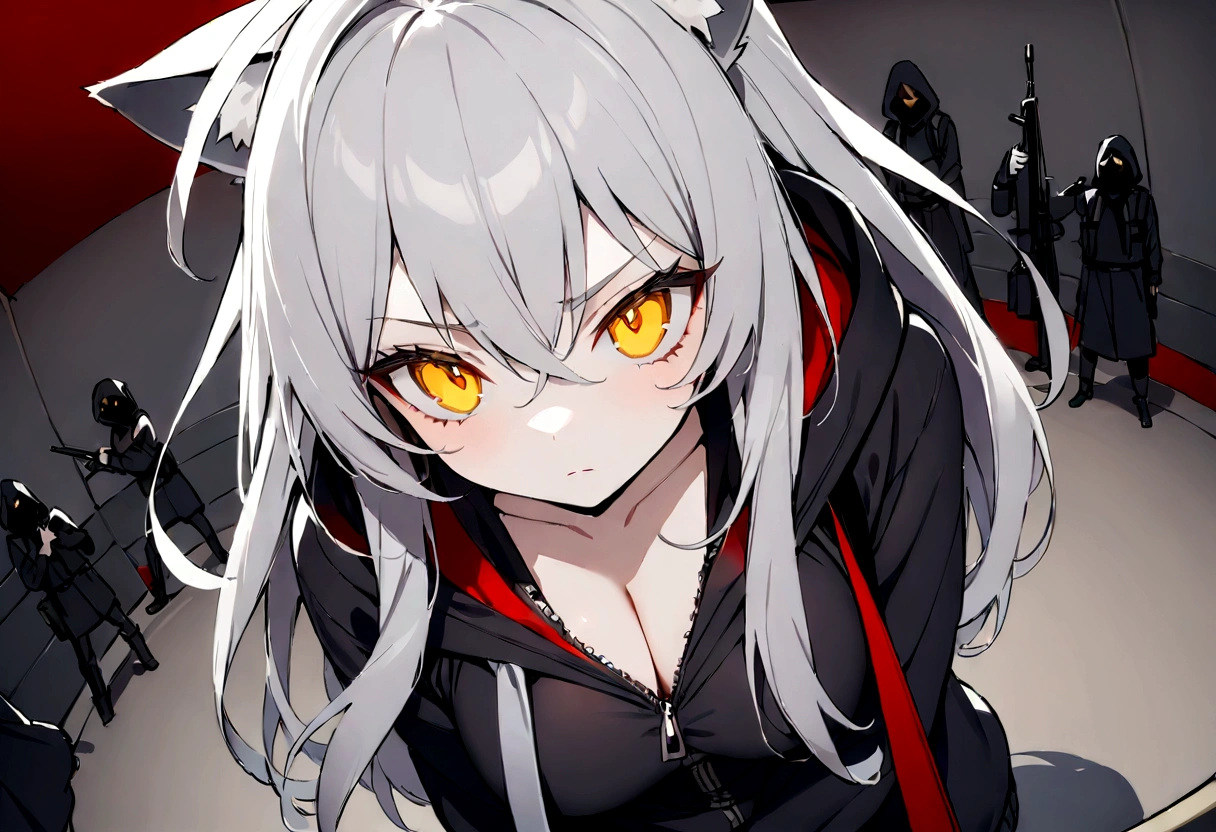 Surrounded by enemies、(masterpiece, best quality:1.2), 1girl, 独奏、Gray cat ears、Point your gun at us、Grey long hair、Ahoge、Yellow Eyes、Gray cat ears、The hoodie I took off was my carry-on baggage.、Ready your gun?、sniper rifle、Background of military bases、Fisheye Lens、battlefield、Shadows of light and darkness、Expressionless、Grim face、battle、Black knee socks、Cleavage、Black zip hoodie hanging from arm