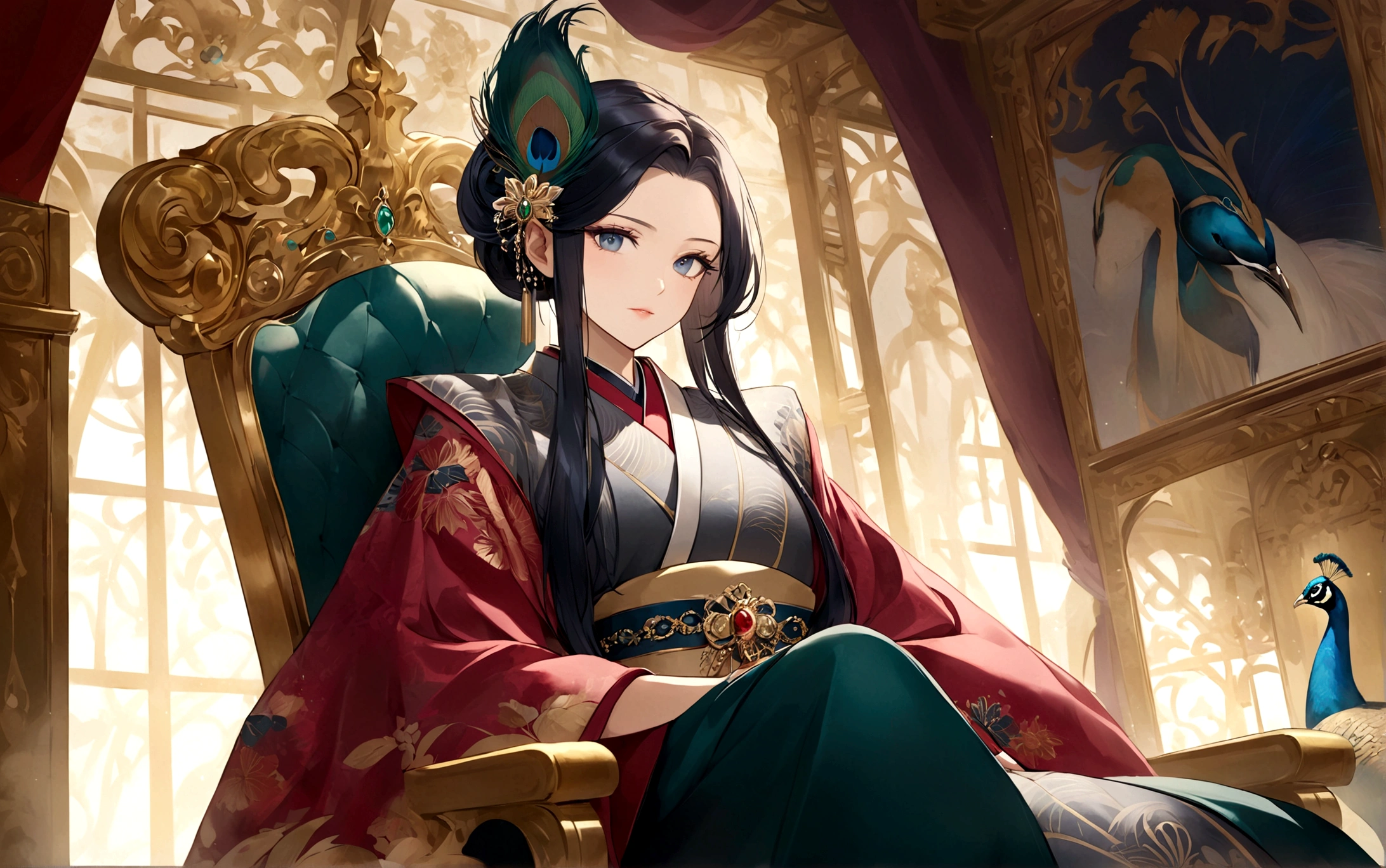 individual,Beautiful painting style,Beauty,Beautiful and dignified appearance,Contempt,Three-dimensional facial features,Peerless face,Exquisite and gorgeous,illustration,sacred,Inviolability,,Looking down on the world, majesty,magic, Exquisite hairstyle,Royal sister,,Long eyelashes,Exquisite hair accessories,Sitting on the throne,Soft Light,Clothes are conservative,Not exposed, A kimono with exquisite patterns of the royal family,The clothes are embellished with peacock feather patterns,emperor