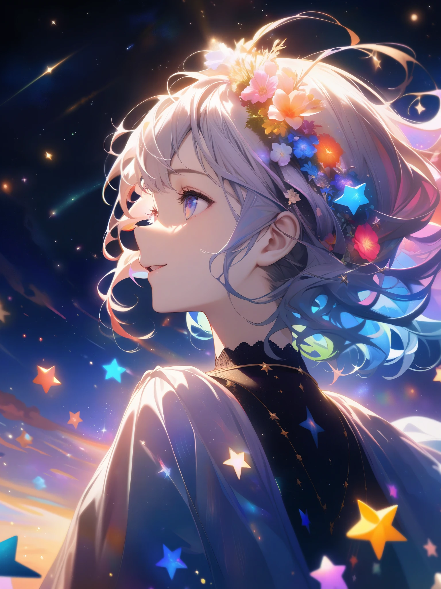 high detail, Super detailed, ultra high resolution, A girl enjoying time in the dream galaxy, surrounded by stars, warm light shining on her, The background is a starry sky with colorful galaxies and galactic clouds, stars are flying around her, delicate face, Add a playful atmosphere , 