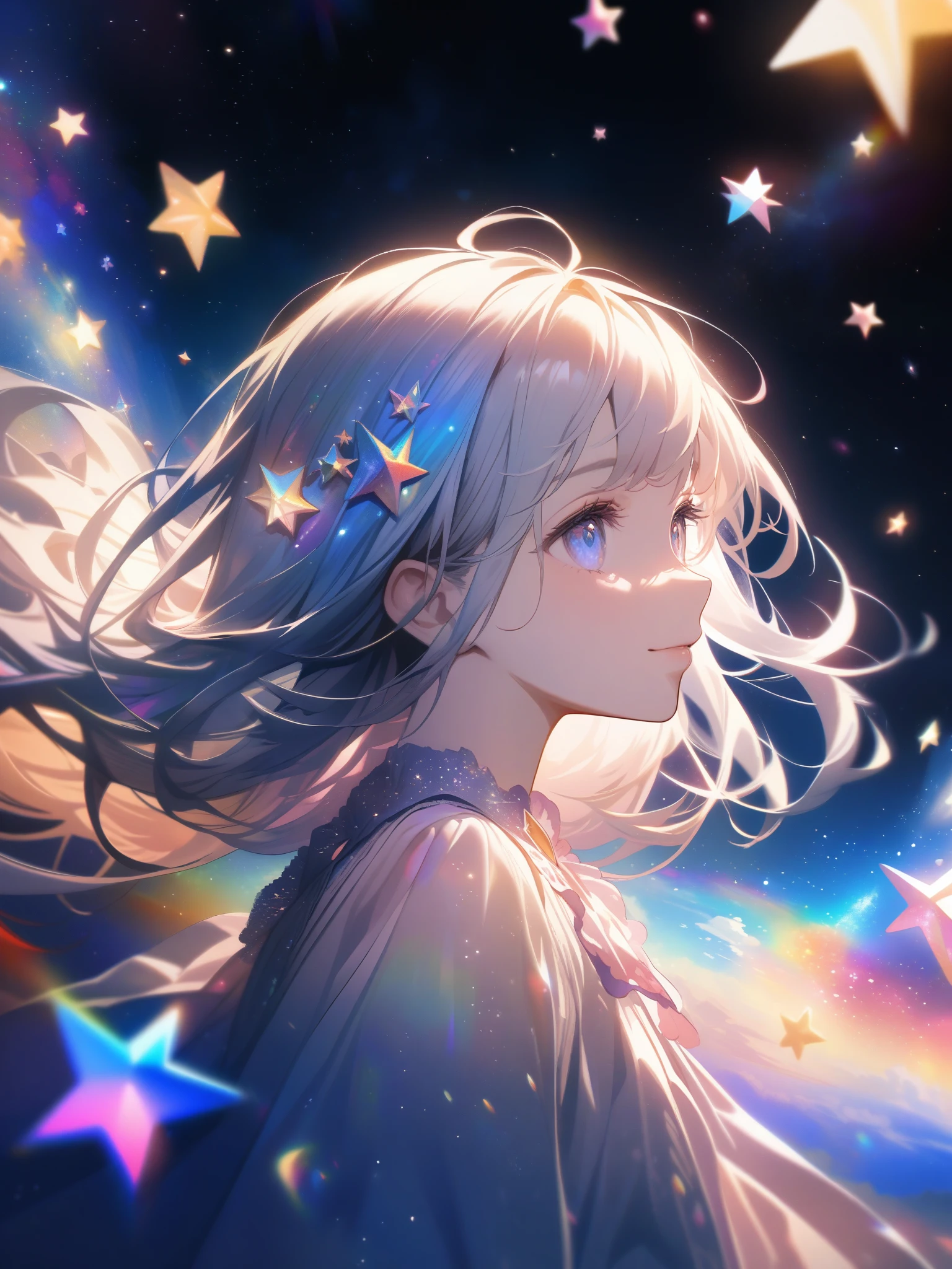 high detail, Super detailed, ultra high resolution, A girl enjoying time in the dream galaxy, surrounded by stars, warm light shining on her, The background is a starry sky with colorful galaxies and galactic clouds, stars are flying around her, delicate face, Add a playful atmosphere , 