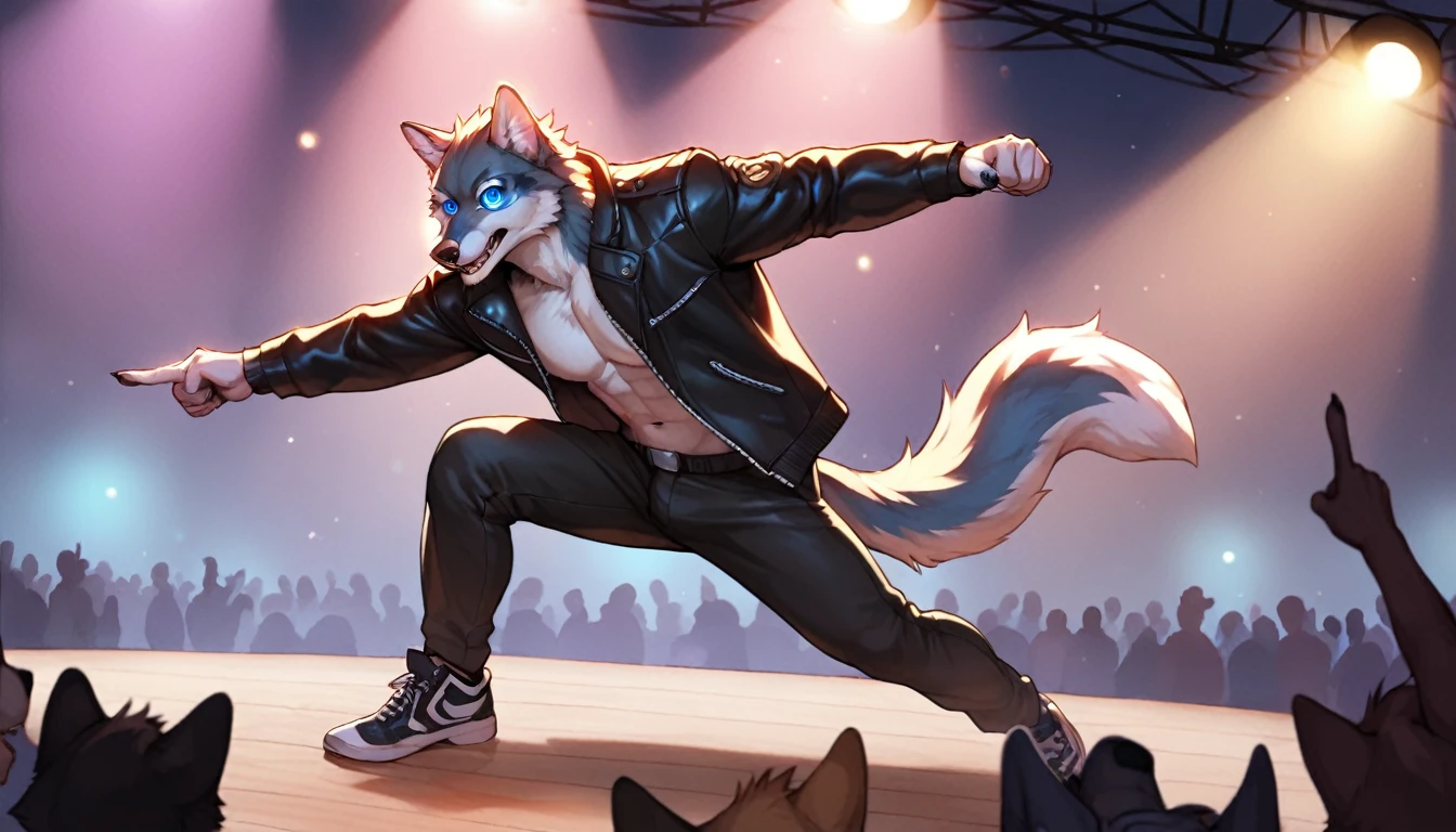 (cinematic, score_8_up,:1.5), dslr, by chunie, male, masculine, muscular, plantigrade, (hi-top_sneakers), black leather jacket, anthro, furry, gray_wolf, pointing_at_viewer, looking down at crowd, concert stage, flashing lights, forced perspective, posing, dynamic pose, detailed background,((detailed fur)), (detailed eyes:1.5), large eyes, blue eyes, full body,