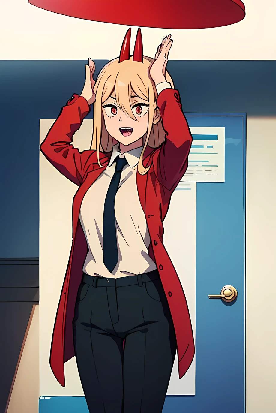 power_csm, with index fingers raised, looking up, front view, shirt unbuttoned, smile, open mouth, sharp teeth, symbol-shaped pupils, red horns, jacket closure, blue jacket, collared shirt, black necktie, black pants, blonde hair, long hair, hair betwen eyes